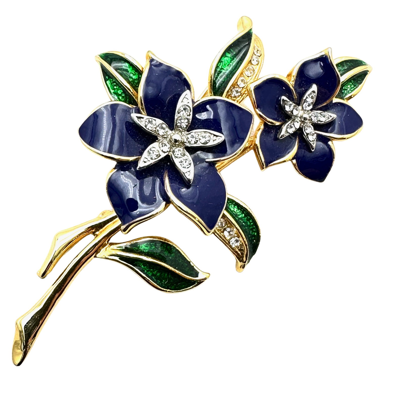 Vintage Blue Green Enamel Clear Rhinestone Gold Tone Flower Brooch Pin 3 Inch: Vintage Blue Green Enamel Clear Rhinestone Gold Tone Flower Brooch Pin 3 Inch