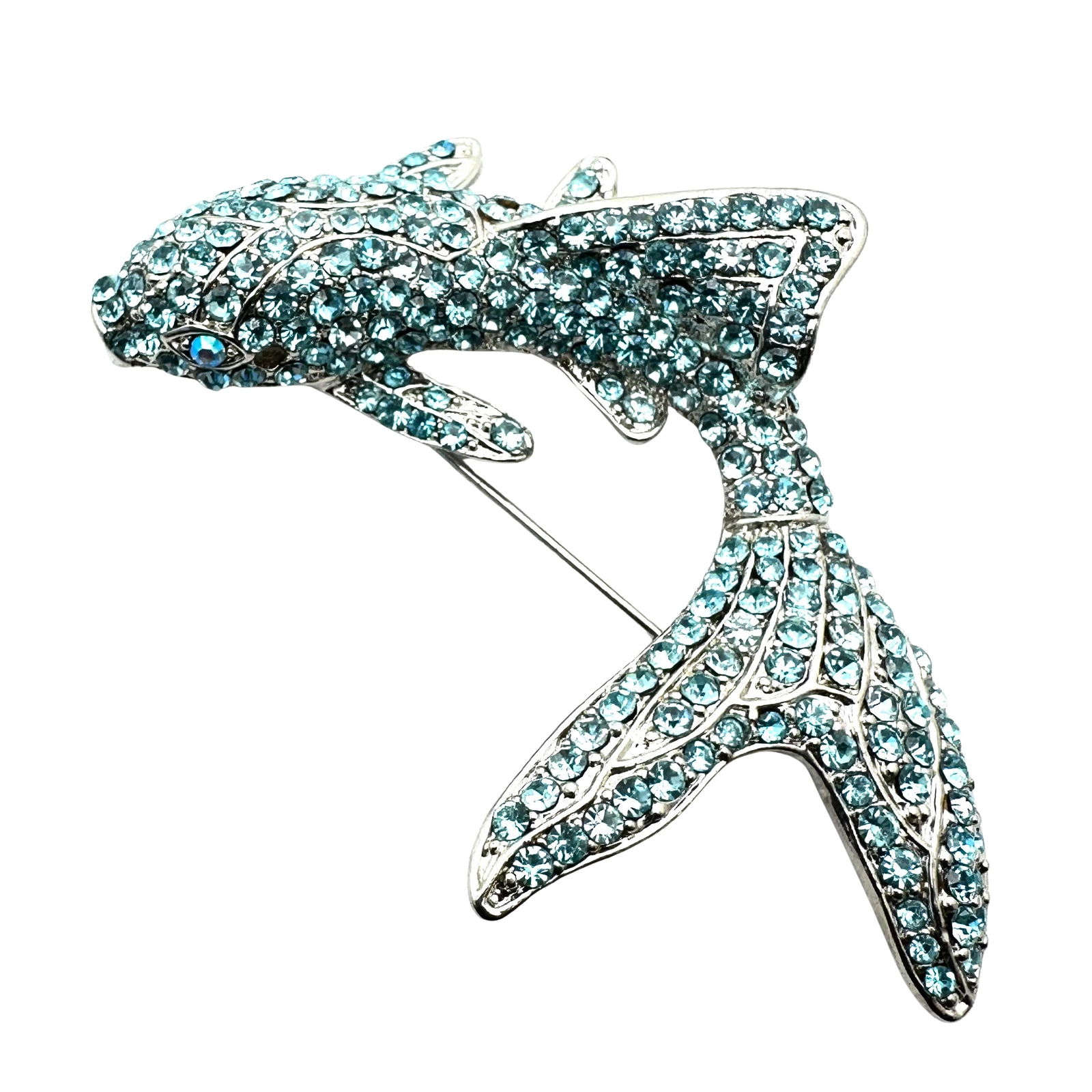 Figural Blue Glass Rhinestone Silver Tone Fish Brooch Pin 3 Inch (1 of 2)