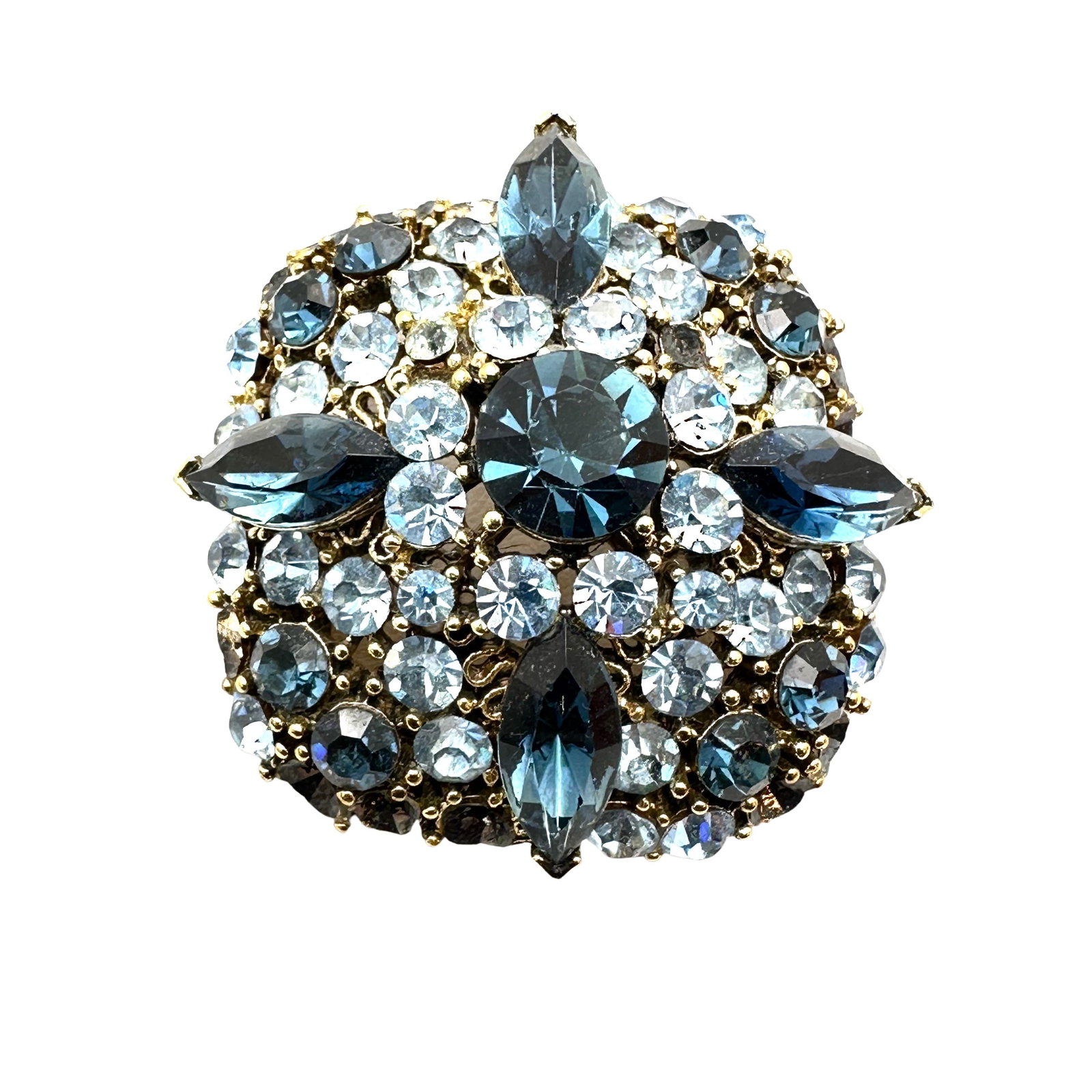 Vintage Light and Dark Blue Glass Rhinestone Gold Tone Domed Brooch Pin: Vintage Light and Dark Blue Glass Rhinestone Gold Tone Domed Brooch Pin