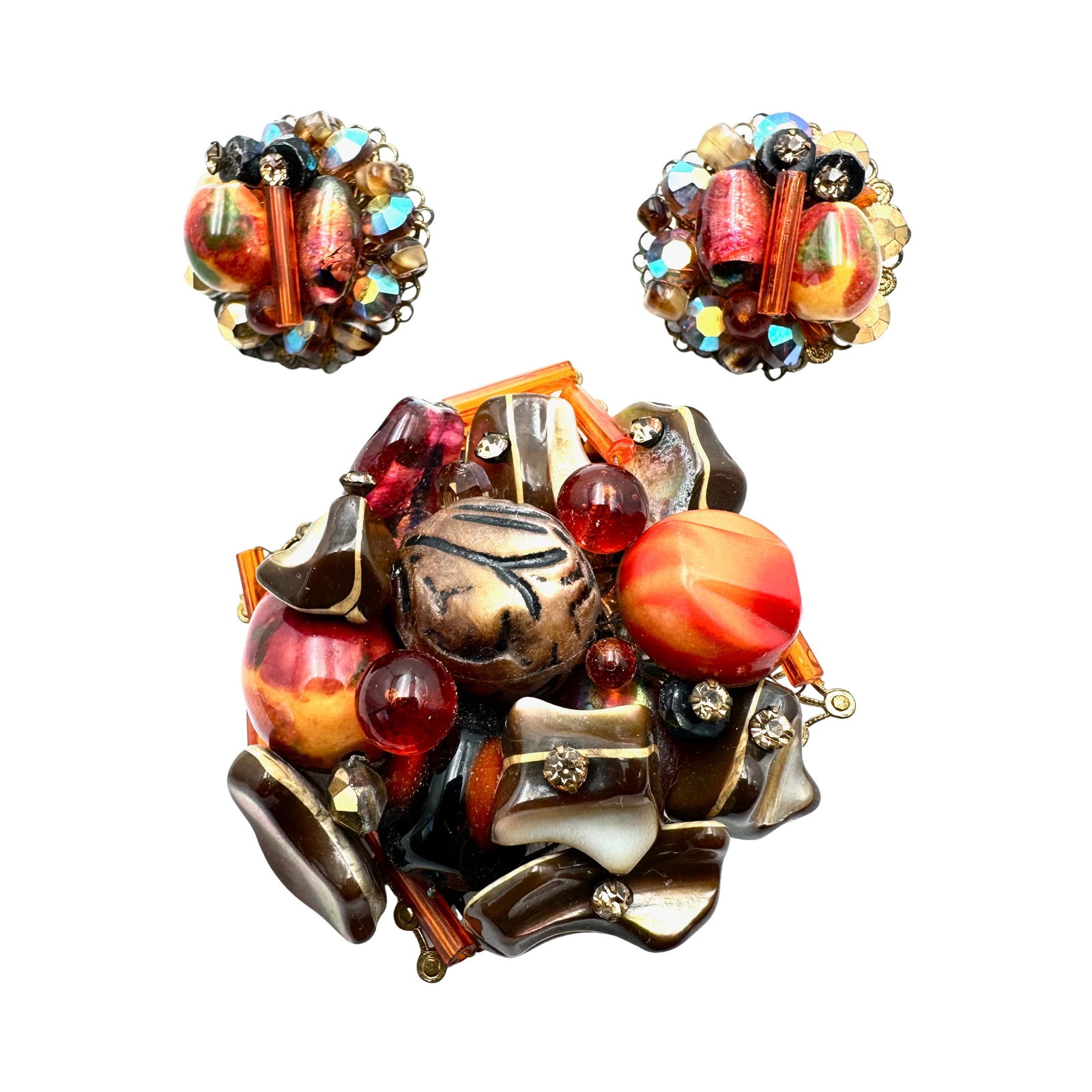 Vintage Unsigned Miriam Haskell? Wired Glass Brooch Pin and Clip Earrings (1 of 2)