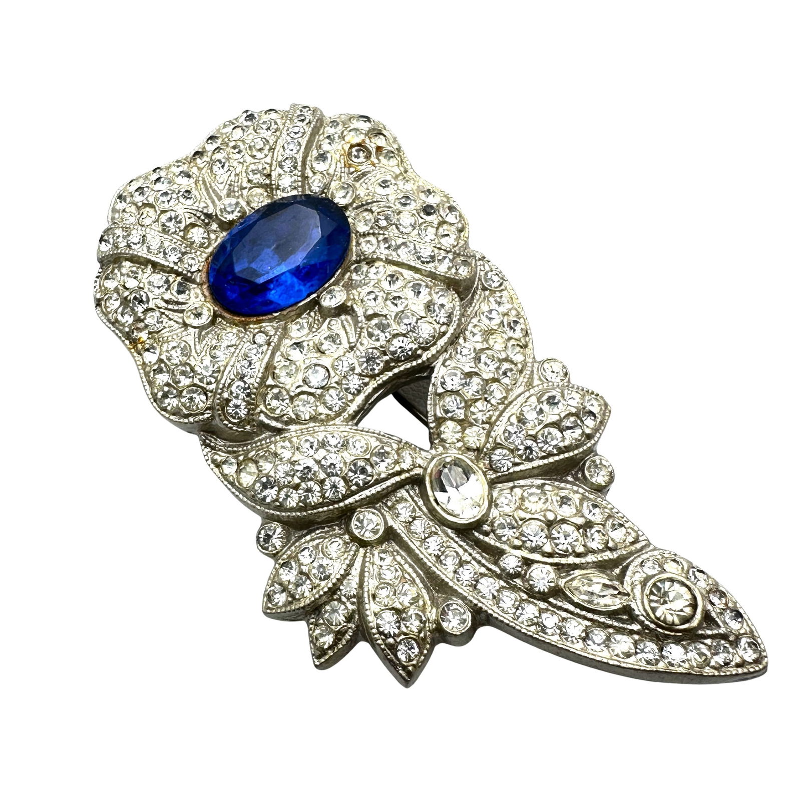 Vintage Blue and Clear Glass Rhinestone Silver Tone Flower Brooch Pin 3.5 Inch (1 of 2)
