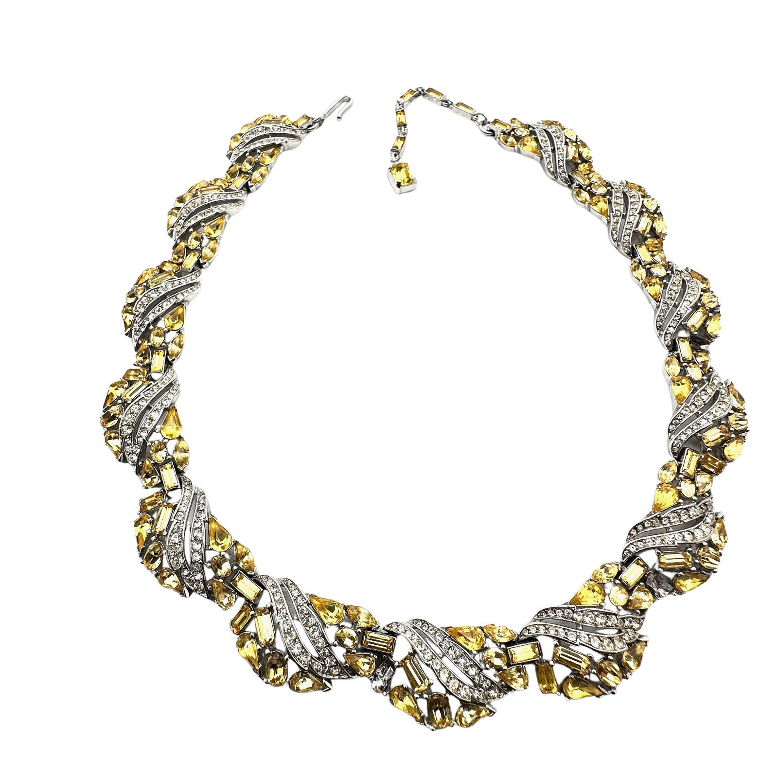 Vintage Trifari Yellow And Clear Glass Rhinestone Silver Tone Necklace 16 Inch (1 of 3)