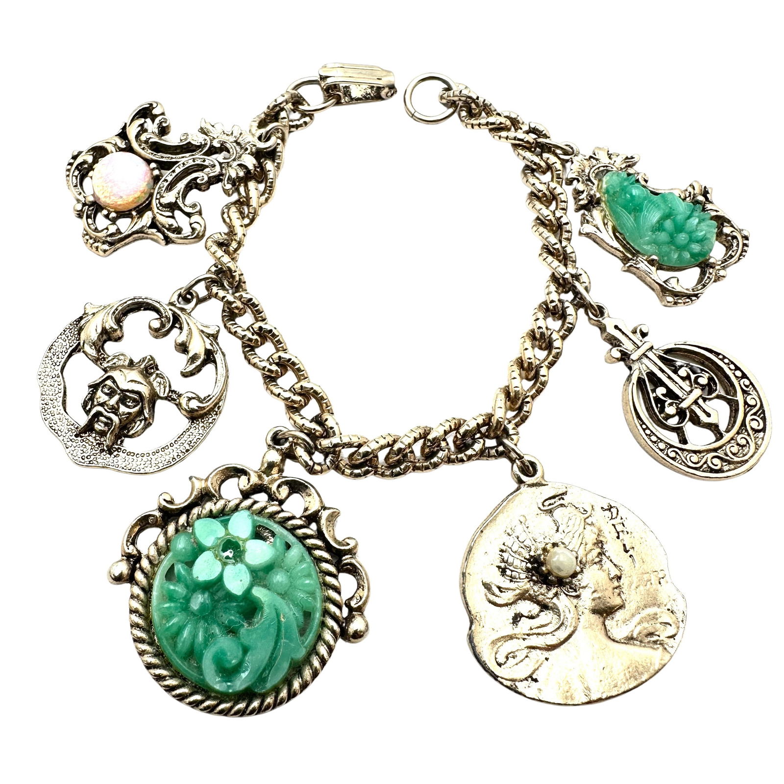 Vintage Charm Bracelet Faux Jade Dragons Breath Coin Gold Tone 7 Inch: Vintage Charm Bracelet Faux Jade Dragons Breath Coin Gold Tone 7 Inch