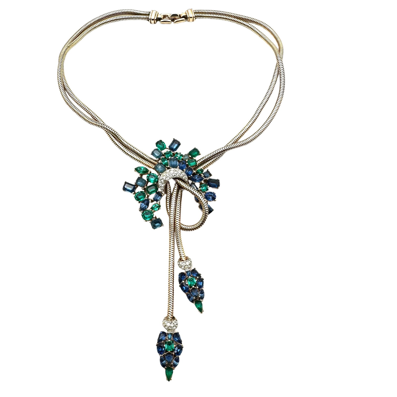 Vintage Trifari Alfred Philippe Jeweled Symphony Blue Green Rhinestone Gold Tone Necklace 16 Inch: Vintage Trifari Alfred Philippe Jeweled Symphony Blue Green Rhinestone Gold Tone Necklace 16 Inch