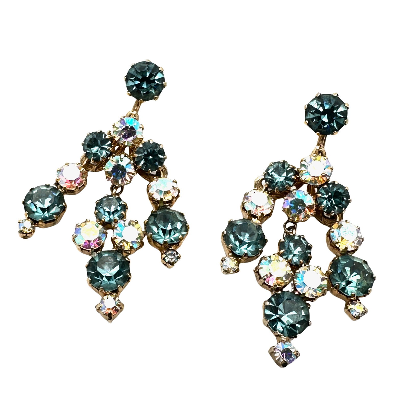 Vintage High End Blue Aurora Borealis Glass Rhinestone Gold Tone Chandelier 2 Inch Earrings Screw: Vintage High End Blue Aurora Borealis Glass Rhinestone Gold Tone Chandelier 2 Inch Earrings Screw Back