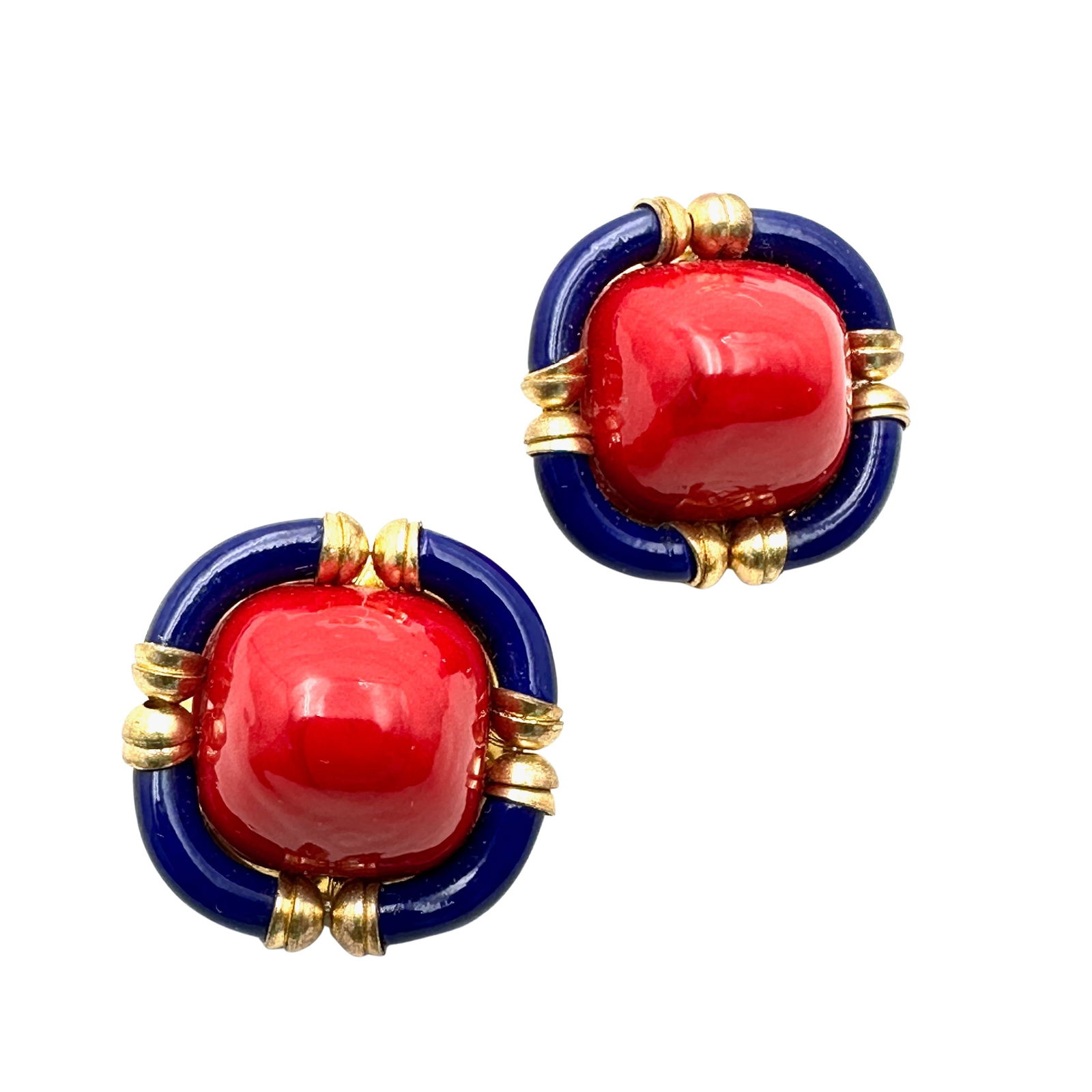 Vintage Archimede Seguso for Chanel Red Blue Glass Gold Tone Clip Earrings: Vintage Archimede Seguso for Chanel Red Blue Glass Gold Tone Clip Earrings
