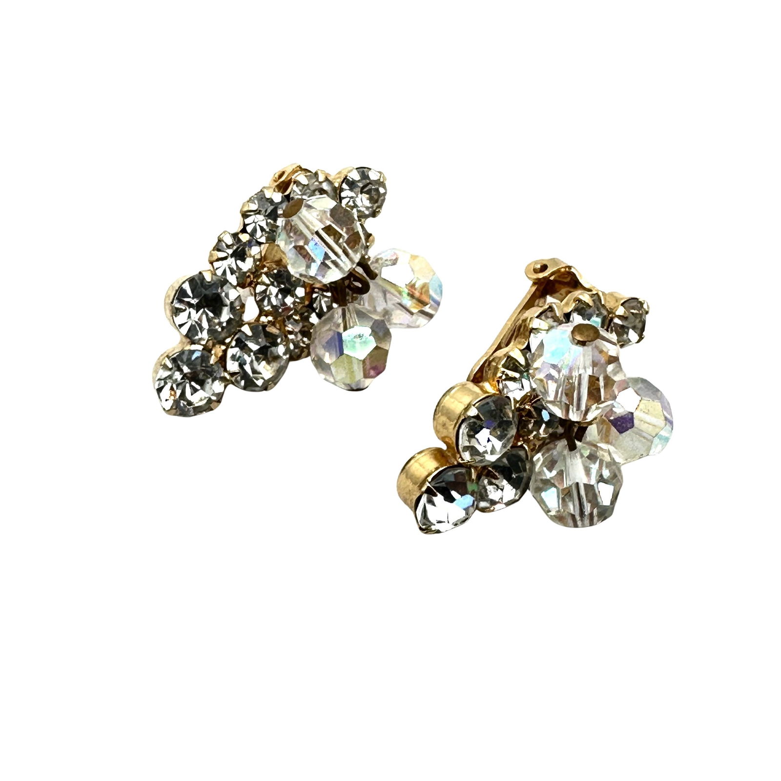 Vintage Juliana Aurora Borealis Glass Rhinestone Cha Cha Gold Tone Clip Earrings 1.25 Inch (1 of 2)