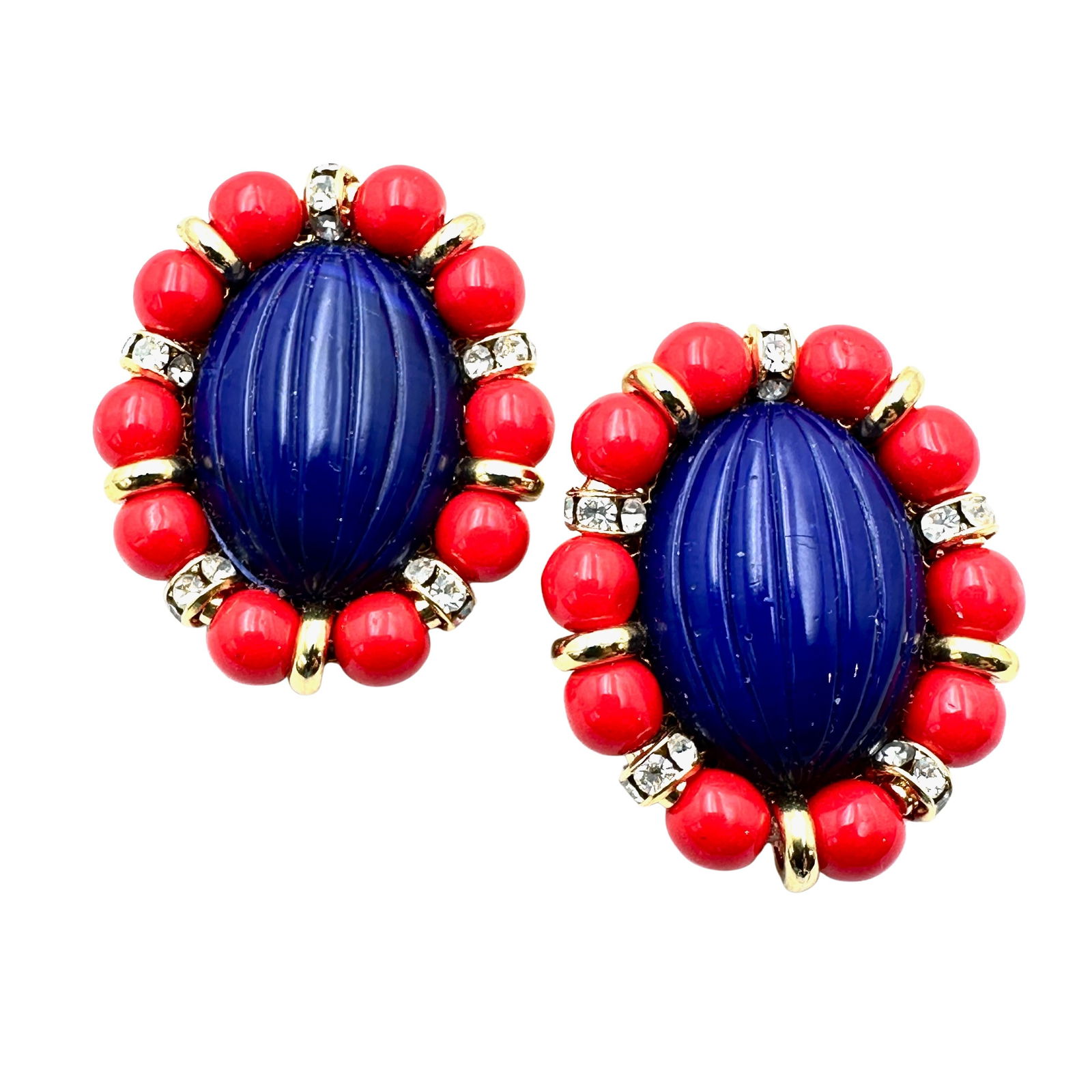 Vintage Archimede Seguso for Chanel Blue Red Glass Crystal Gold Tone Clip Earrings 1.5 Inch: Vintage Archimede Seguso for Chanel Blue Red Glass Crystal Gold Tone Clip Earrings 1.5 Inch