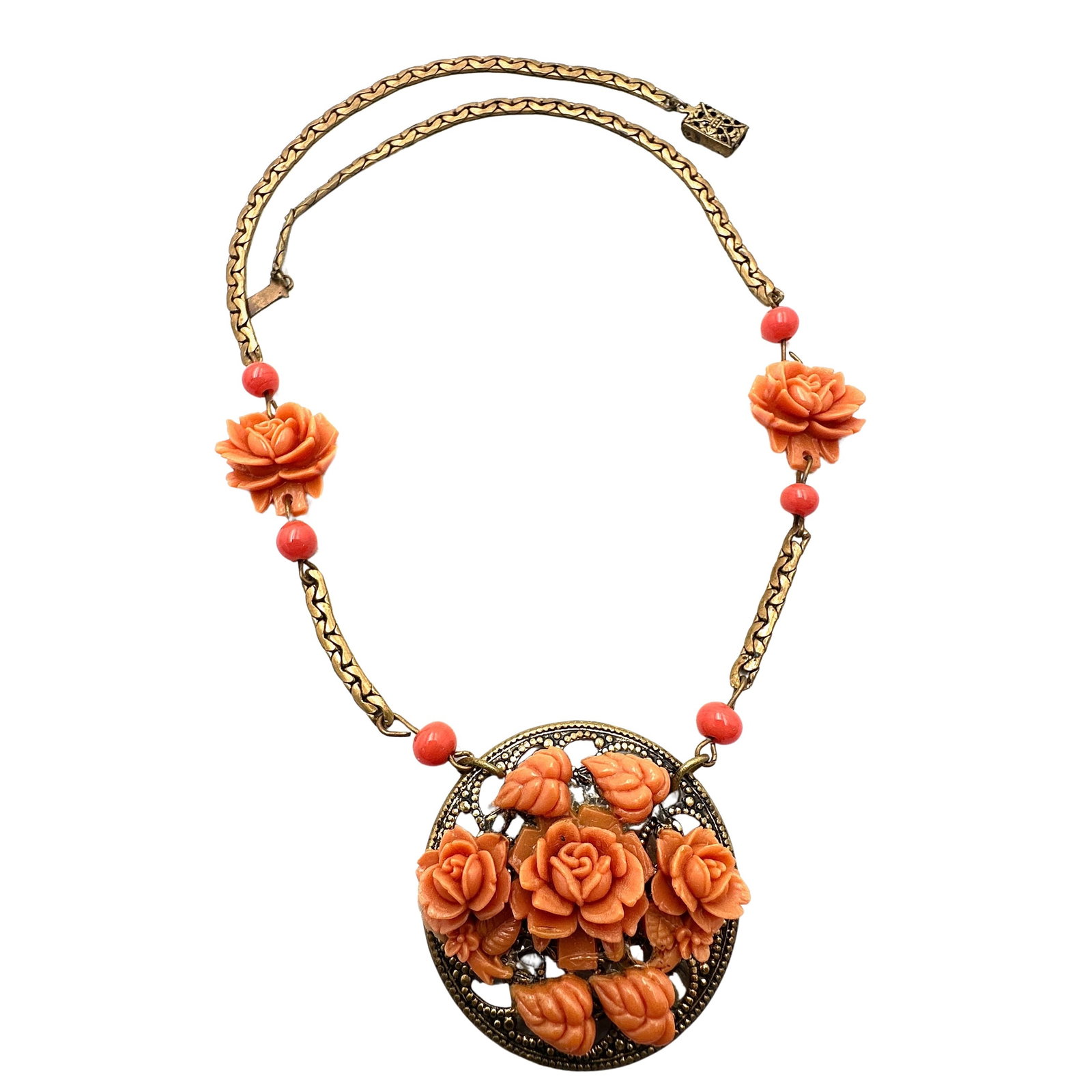 Vintage Celluloid Faux Coral Antiqued Gold tone Necklace 16 Inch: Vintage Celluloid Faux Coral Antiqued Gold tone Necklace 16 Inch