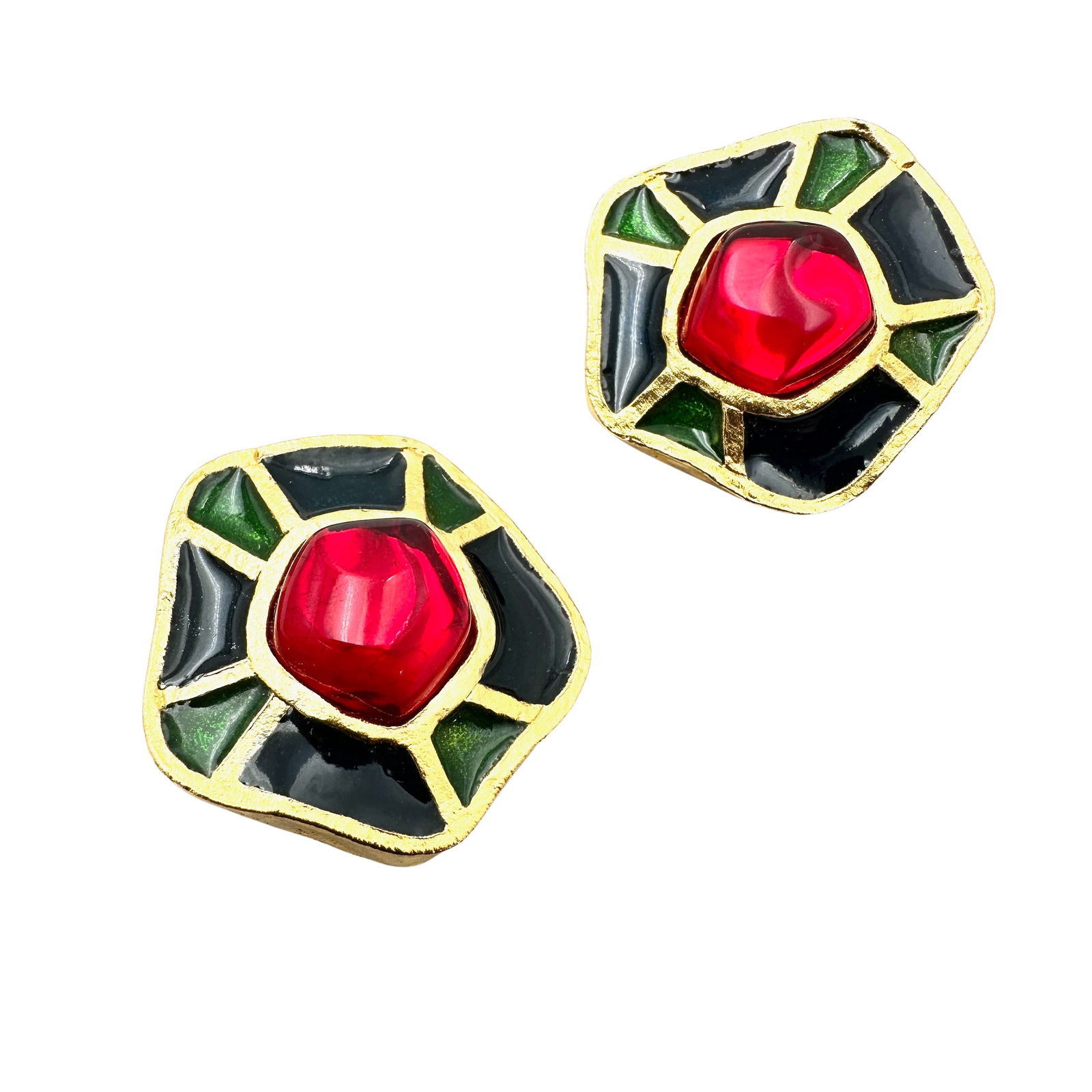 Vintage Red Gripoix Glass Blue Green Enamel Gold Tone Clip Earrings 1.5 Inch: Vintage Red Gripoix Glass Blue Green Enamel Gold Tone Clip Earrings 1.5 Inch