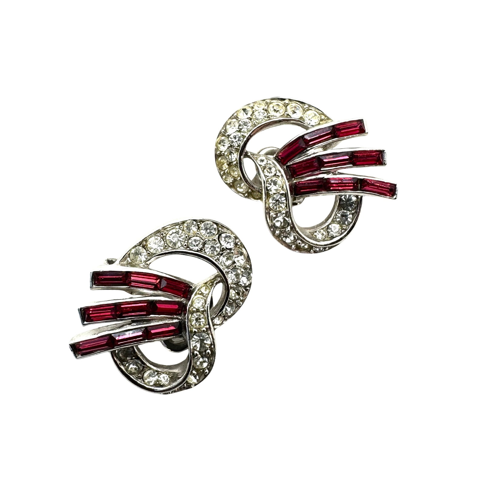 Vintage Trifari Red And Clear Glass Rhinestone Silver Tone Clip Earrings: Vintage Trifari Red And Clear Glass Rhinestone Silver Tone Clip Earrings