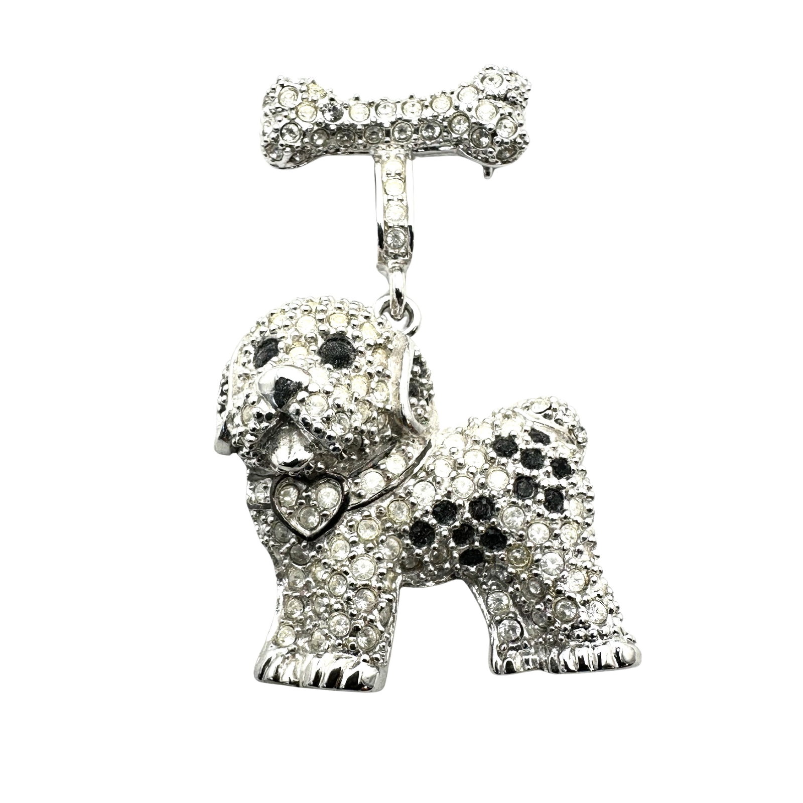 Vintage Clear Rhinestone Silver Tone Dog And Bone Brooch Pin 2 Inch: Vintage Clear Rhinestone Silver Tone Dog And Bone Brooch Pin 2 Inch