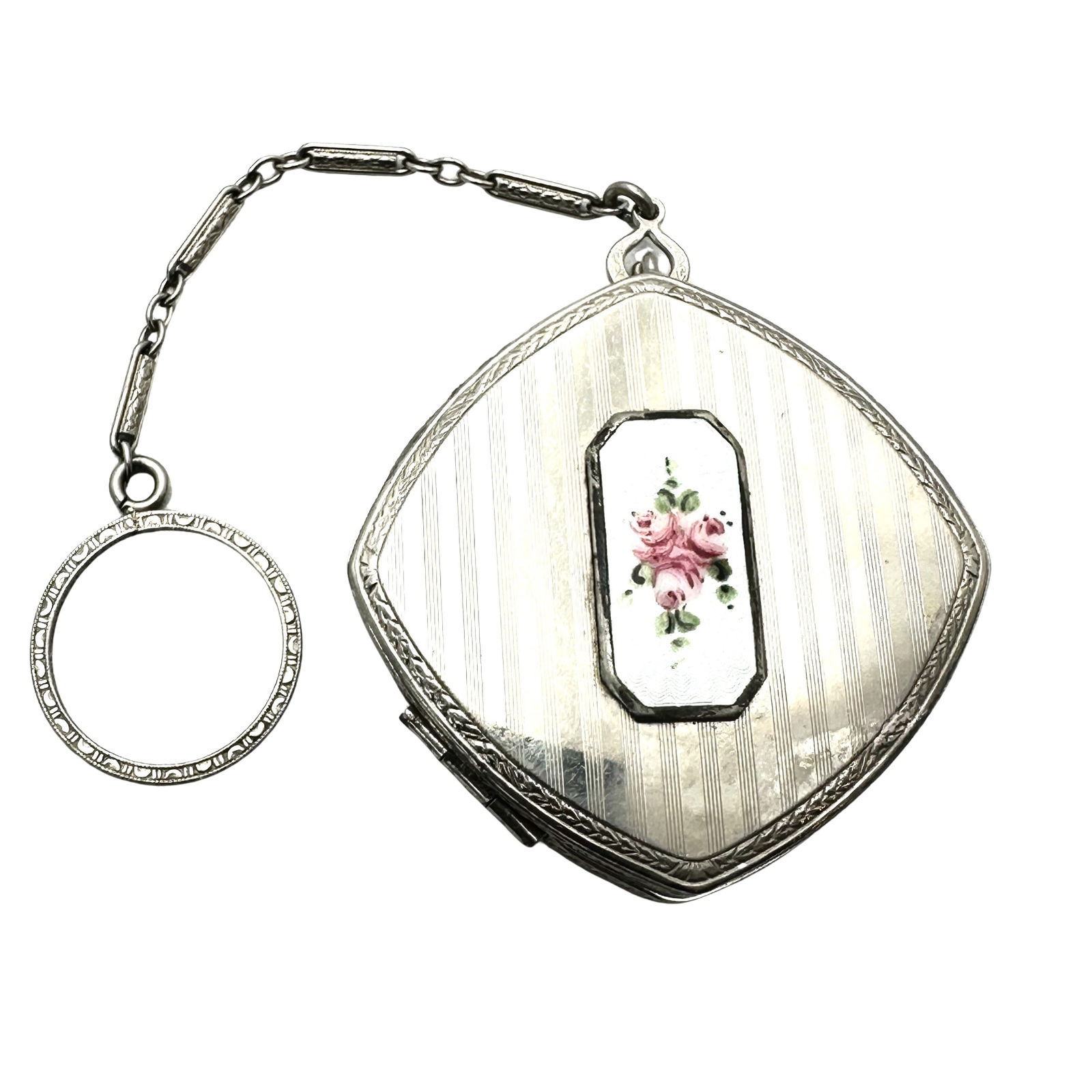 Antique Guilloche Enamel Rose Silver Tone Compact with Finger Ring and Chain Compact 2 Inch (1 of 3)