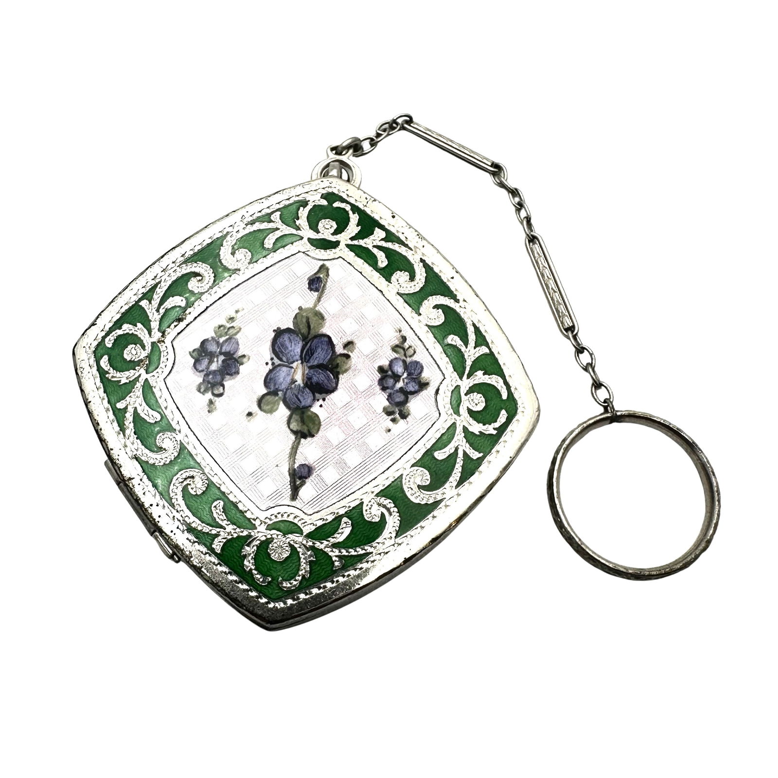 Antique Enamel Guilloche Purple Forget me Not Flowers Silver Tone Compact with Finger Ring Compact (1 of 3)