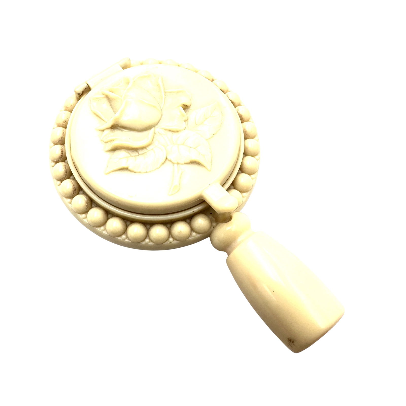 Vintage Lucite Compact Mirrow Lipstick Holder Off White Rose Design (1 of 3)