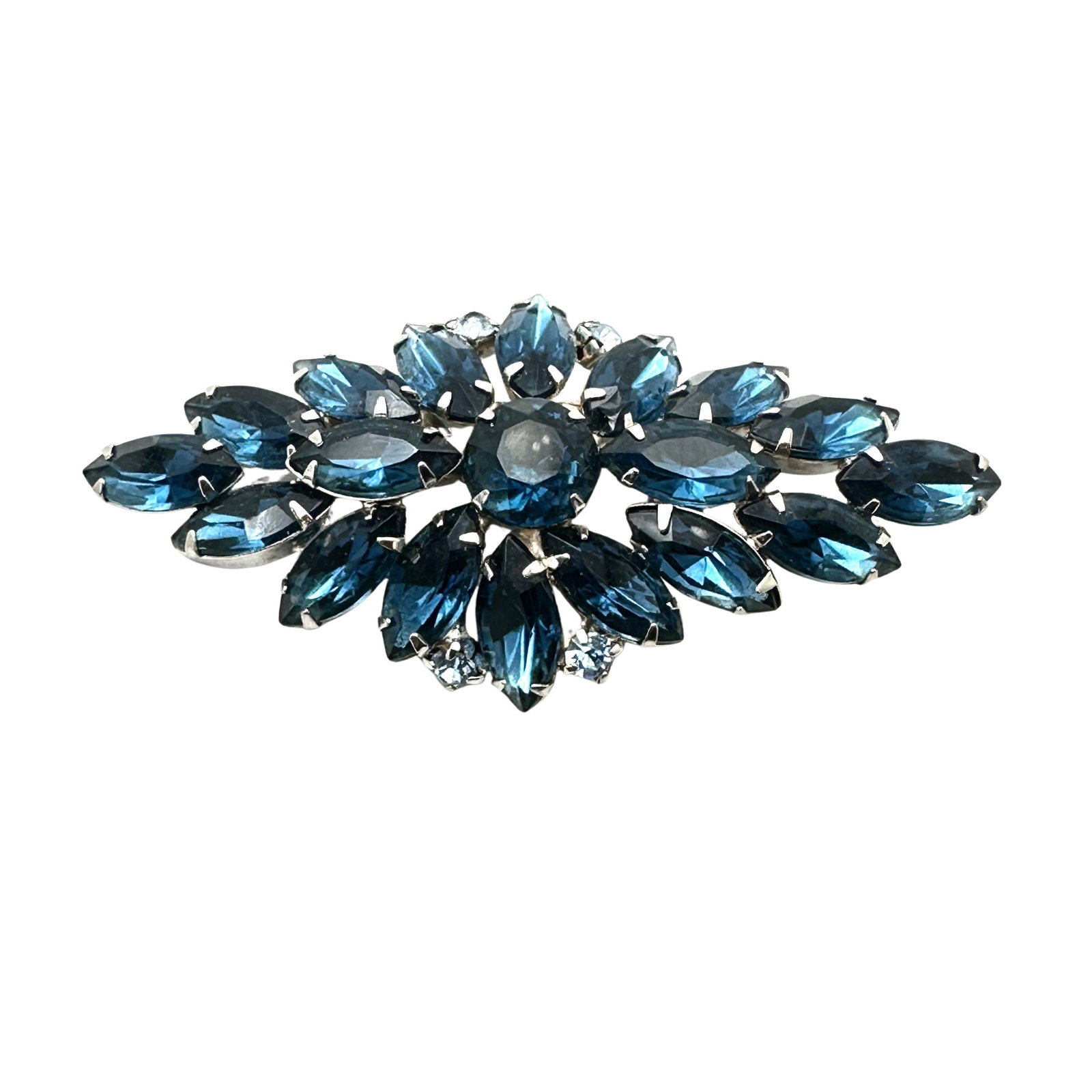 Vintage Blue Glass Rhinestone Silver Tone Brooch Pin 3 Inch: Vintage Blue Glass Rhinestone Silver Tone Brooch Pin 3 Inch