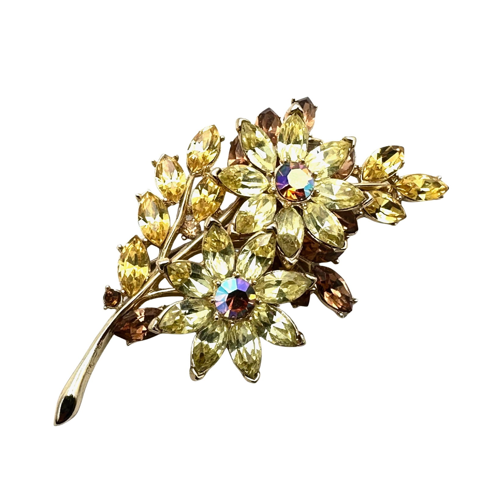 Vintage Trifari Yellow And Amber Glass Rhinestone Flower Gold Tone Brooch Pin 3 Inch: Vintage Trifari Yellow And Amber Glass Rhinestone Flower Gold Tone Brooch Pin 3 Inch