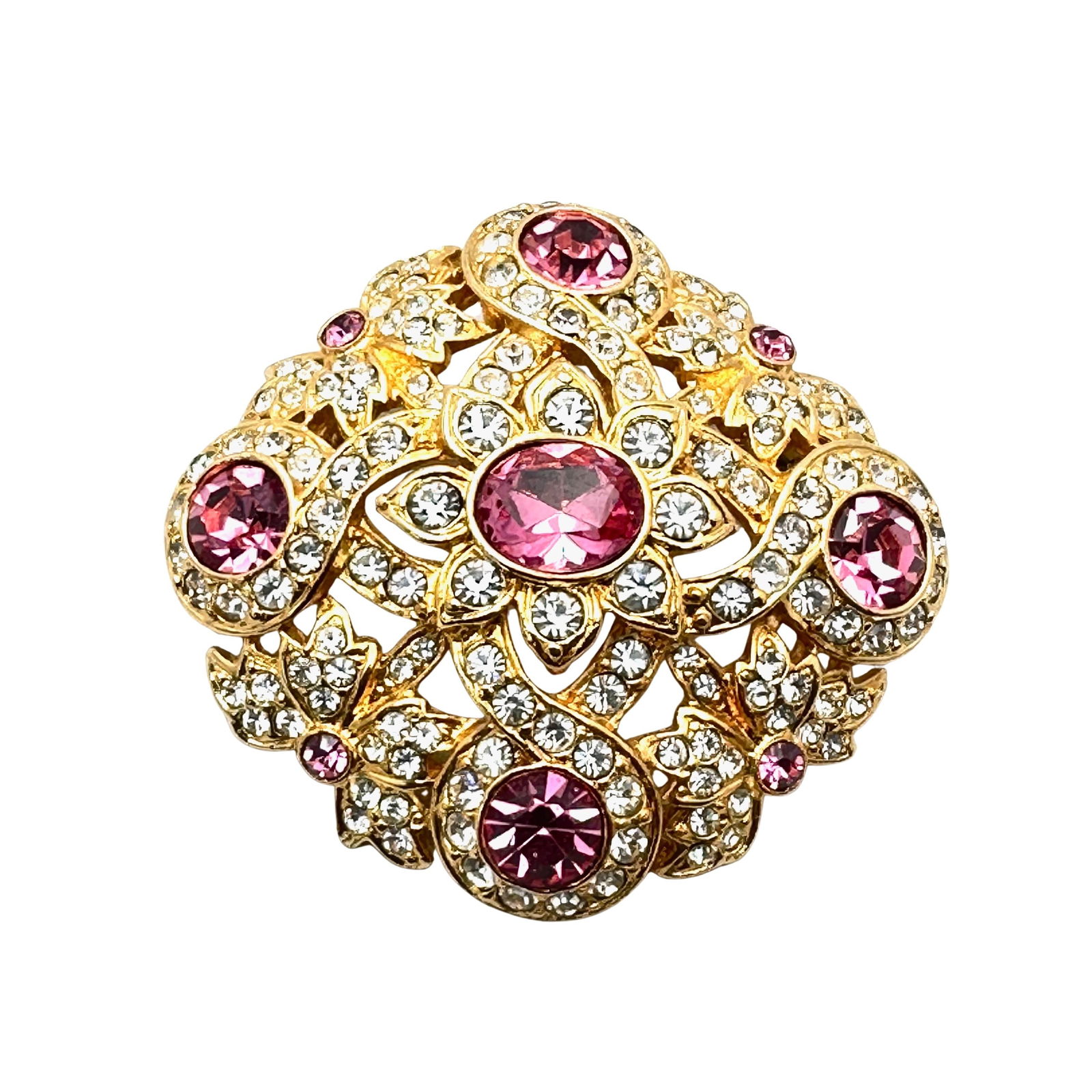 Vintage Joan Rivers Pink Glass Rhinestone Gold Tone Brooch Pin 2 Inch (1 of 2)