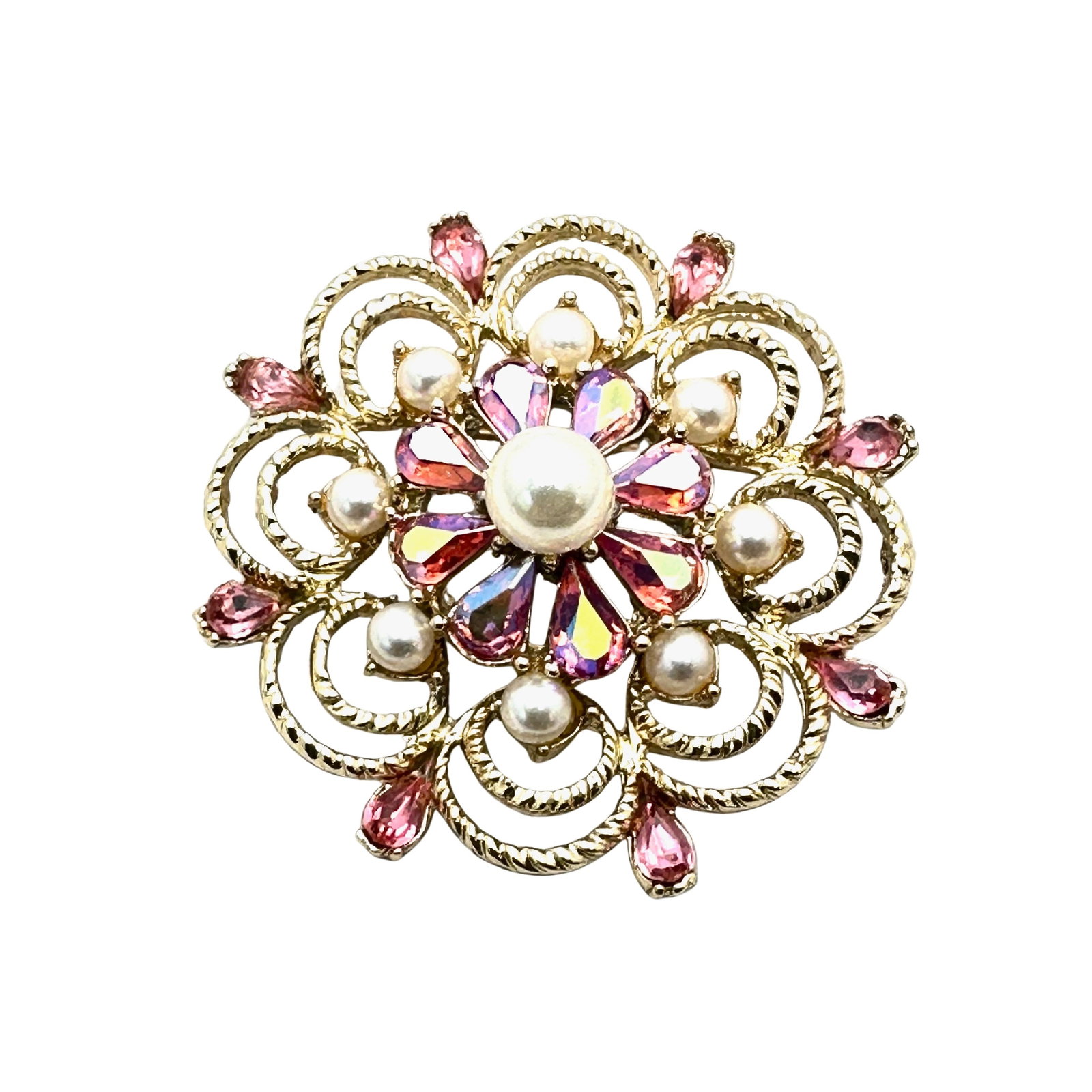 Vintage Pink Glass Rhinestone Faux Pearl Gold Tone Brooch Pin 2 Inch: Vintage Pink Glass Rhinestone Faux Pearl Gold Tone Brooch Pin 2 Inch