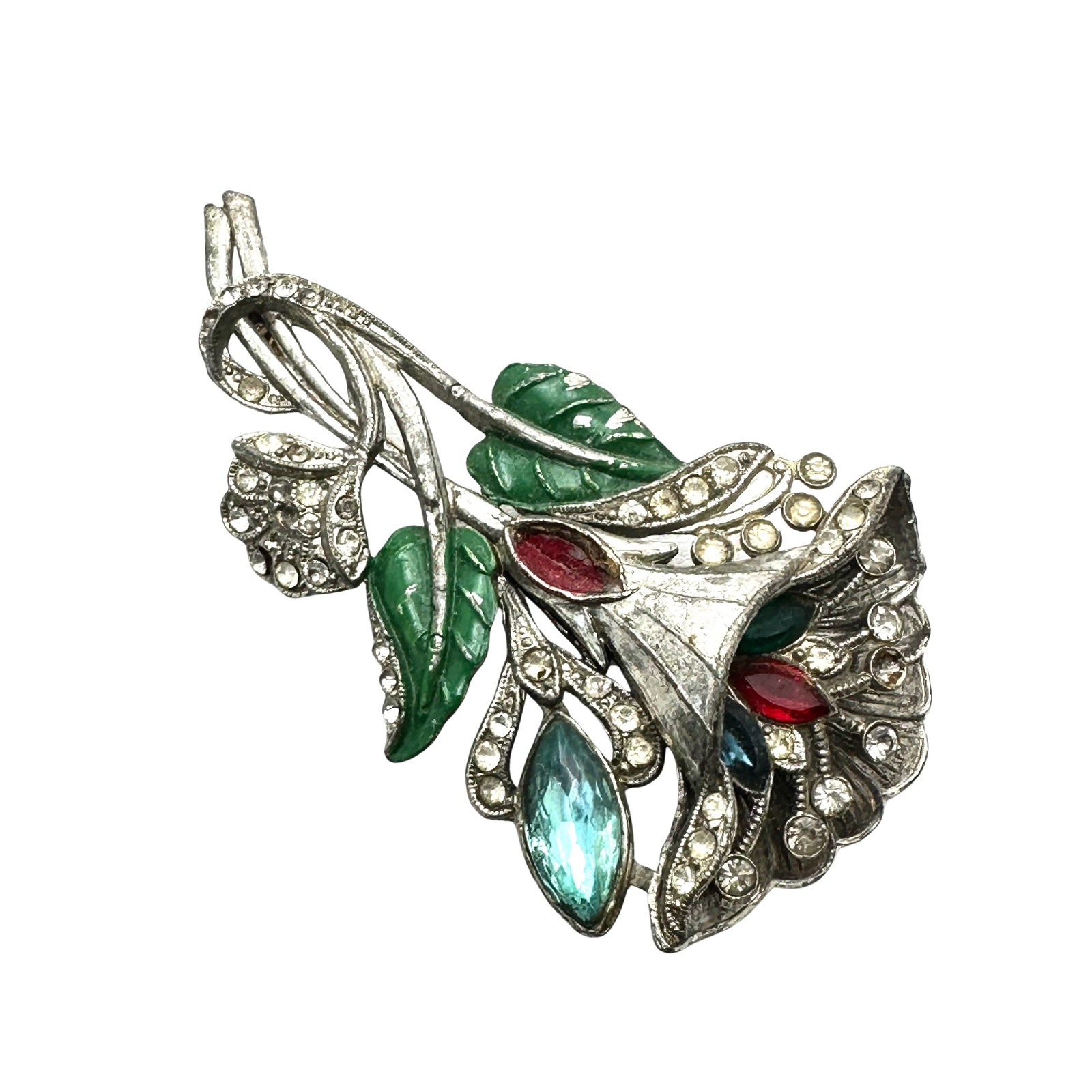 Antique Vintage Rhinestone Enamel Silver Pot Metal Brooch Pin 3 Inch Selling As Is Some Missing: Antique Vintage Rhinestone Enamel Silver Pot Metal Brooch Pin 3 Inch Selling As Is Some Missing Stones