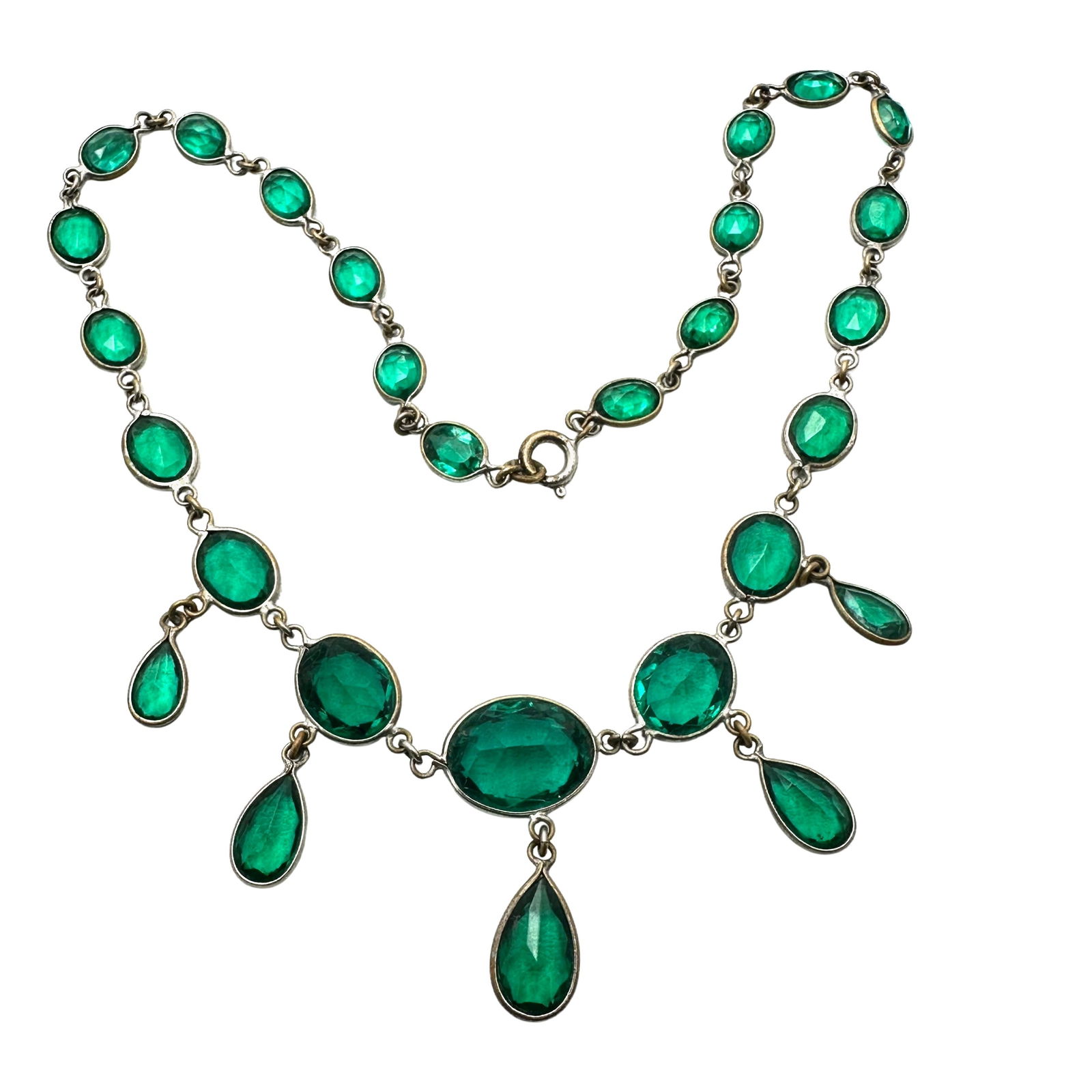 Vintage Green Czech Glass Silver Tone Necklace 15 Inch (1 of 2)