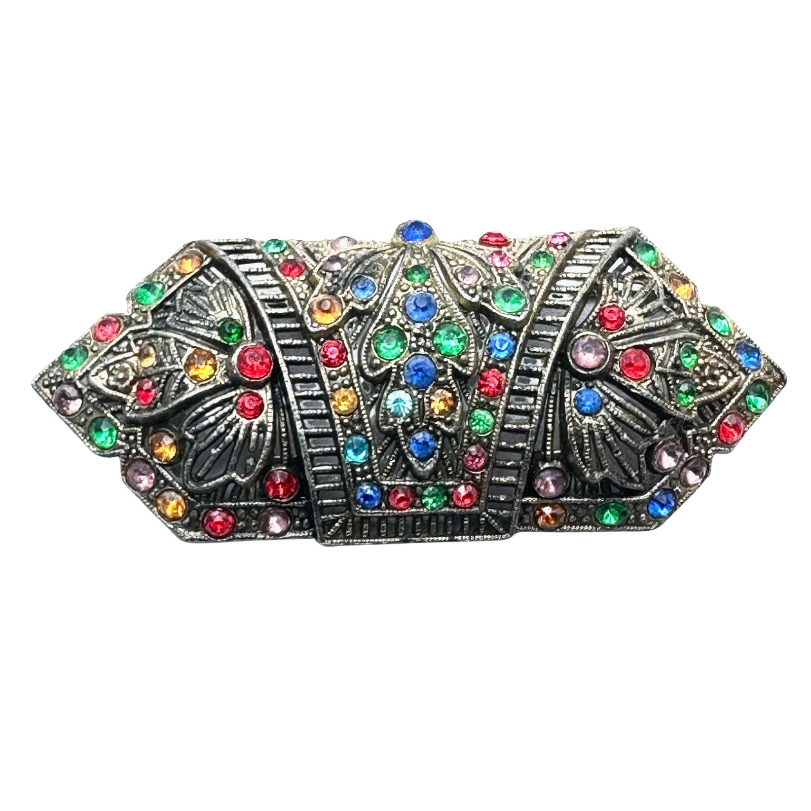 Antique Multicolor Glass Rhinestone Gold Over Silver Pot Metal Brooch Pin 3 Inch: Antique Multicolor Glass Rhinestone Gold Over Silver Pot Metal Brooch Pin 3 Inch