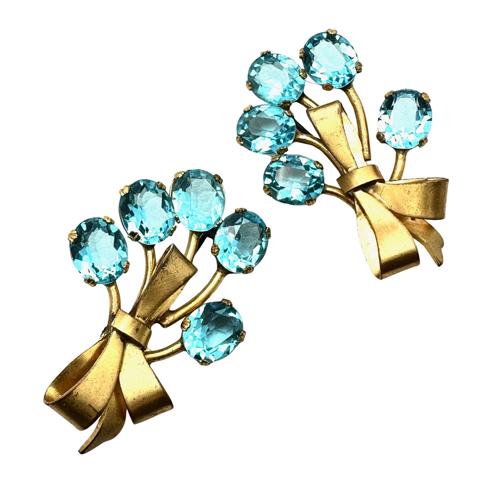 Antique Vintage Czech Glass Aqua Blue Glass Rhinestone Gold Tone Pair of Bow Brooches: Antique Vintage Czech Glass Aqua Blue Glass Rhinestone Gold Tone Pair of Bow Brooches