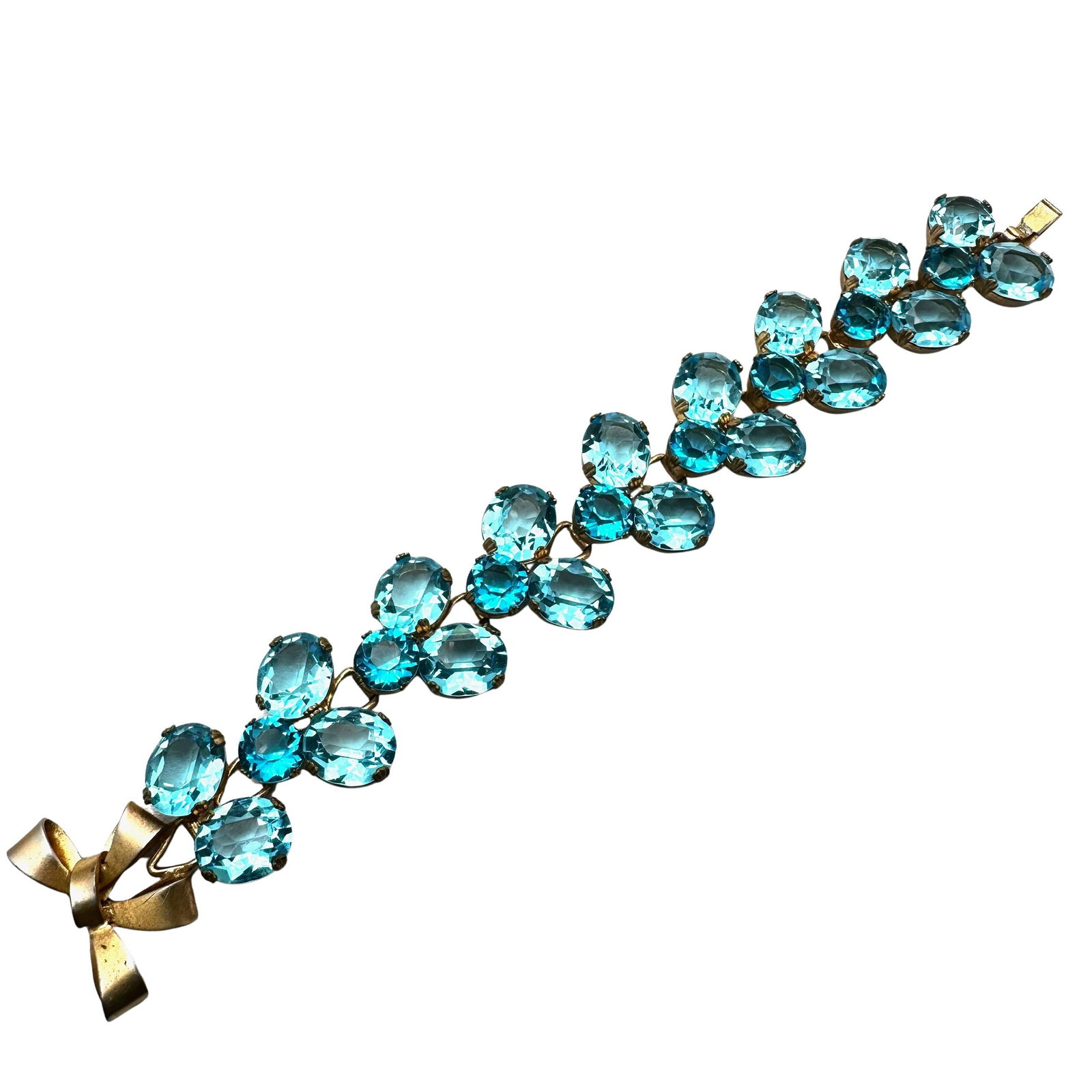 Antique Vintage Czech Glass Aqua Blue Glass Rhinestone Gold Tone Wide Bow Bracelet 6.5 Inch (1 of 2)