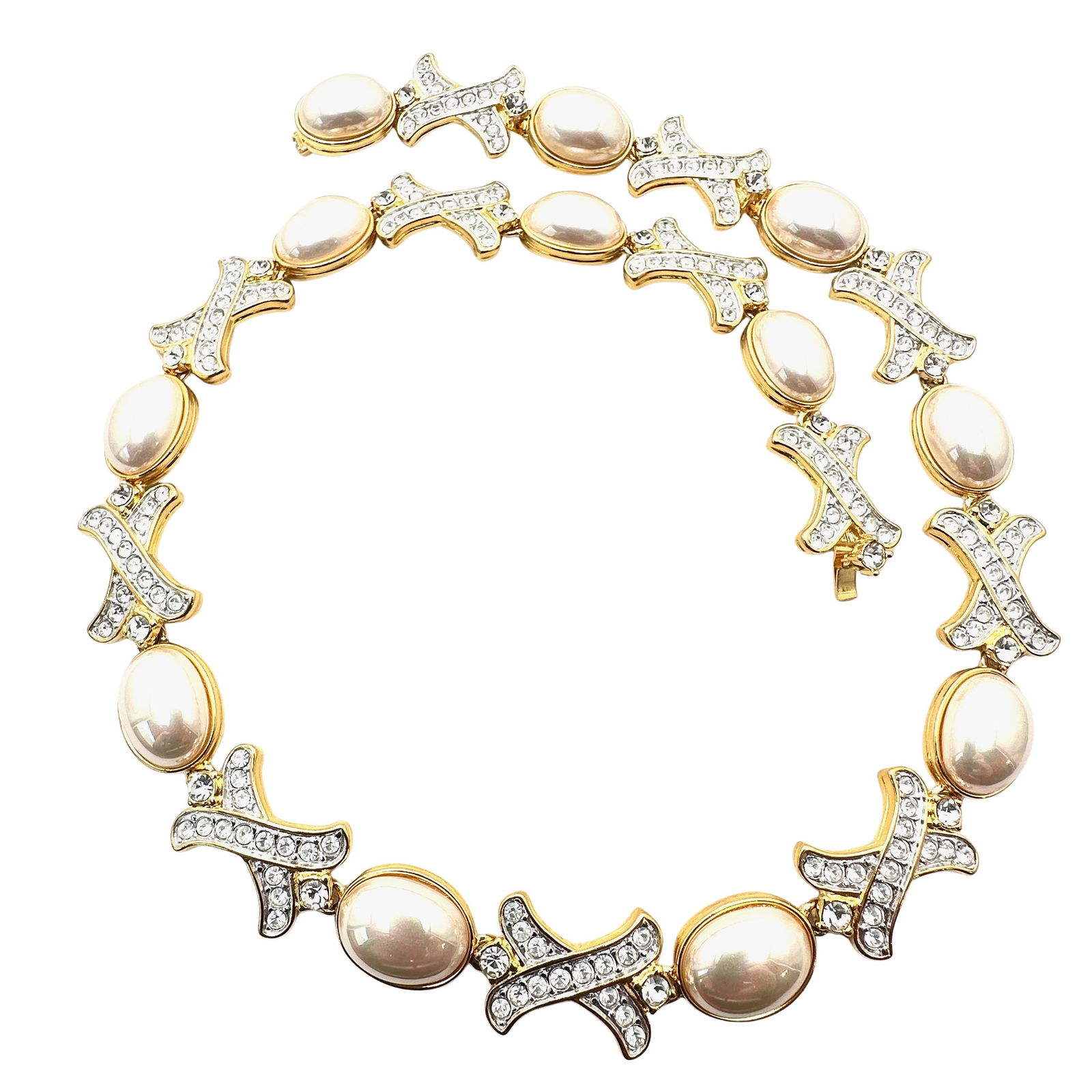 Vintage Nolan Miller Clear Rhinestone Faux Pearl Gold Tone X O Design Gold Tone Necklace 22 Inch: Vintage Nolan Miller Clear Rhinestone Faux Pearl Gold Tone X O Design Gold Tone Necklace 22 Inch
