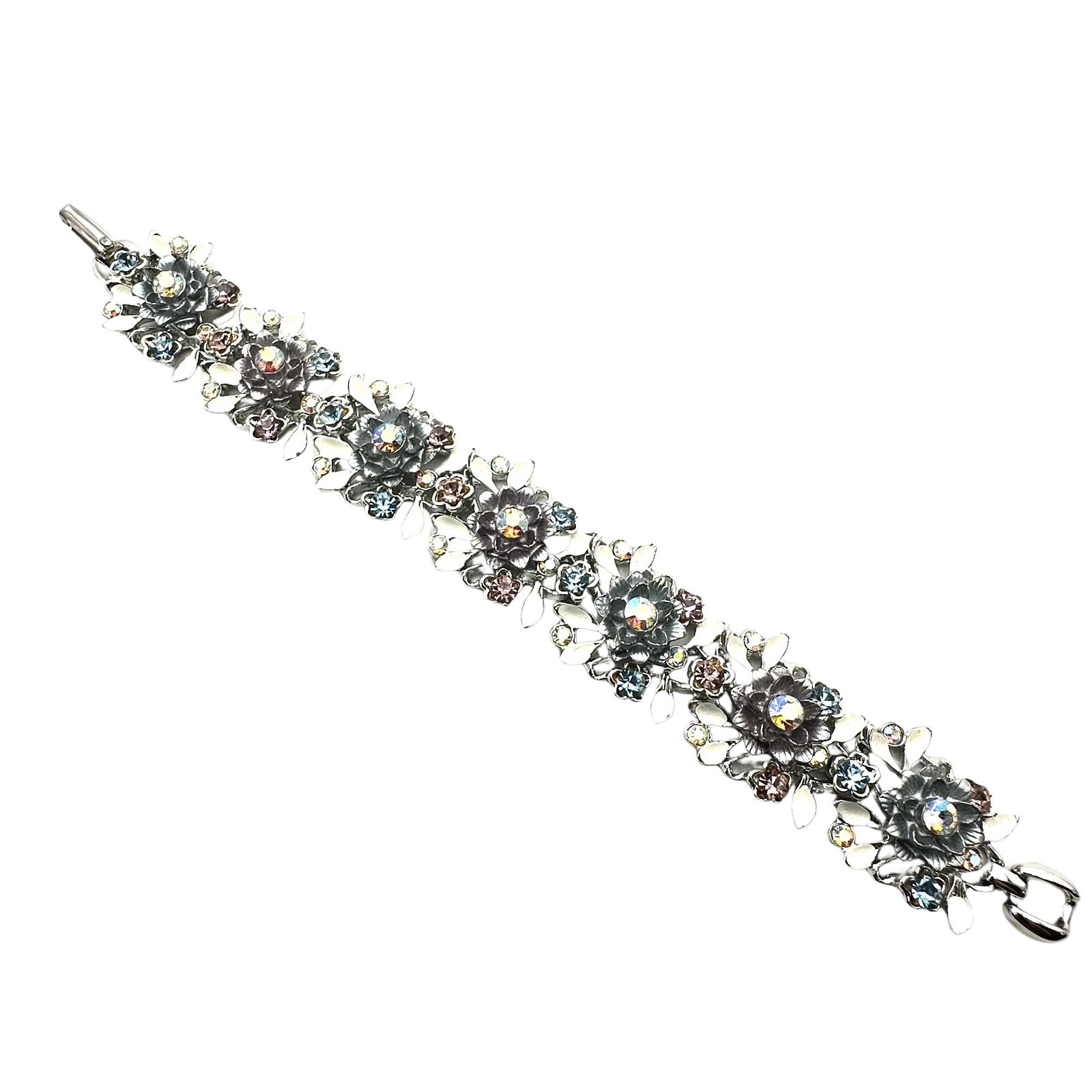 Vintage BSK Pastel Rhinestone Enamel Flower Design Silver Tone Bracelet 7 Inch: Vintage BSK Pastel Rhinestone Enamel Flower Design Silver Tone Bracelet 7 Inch