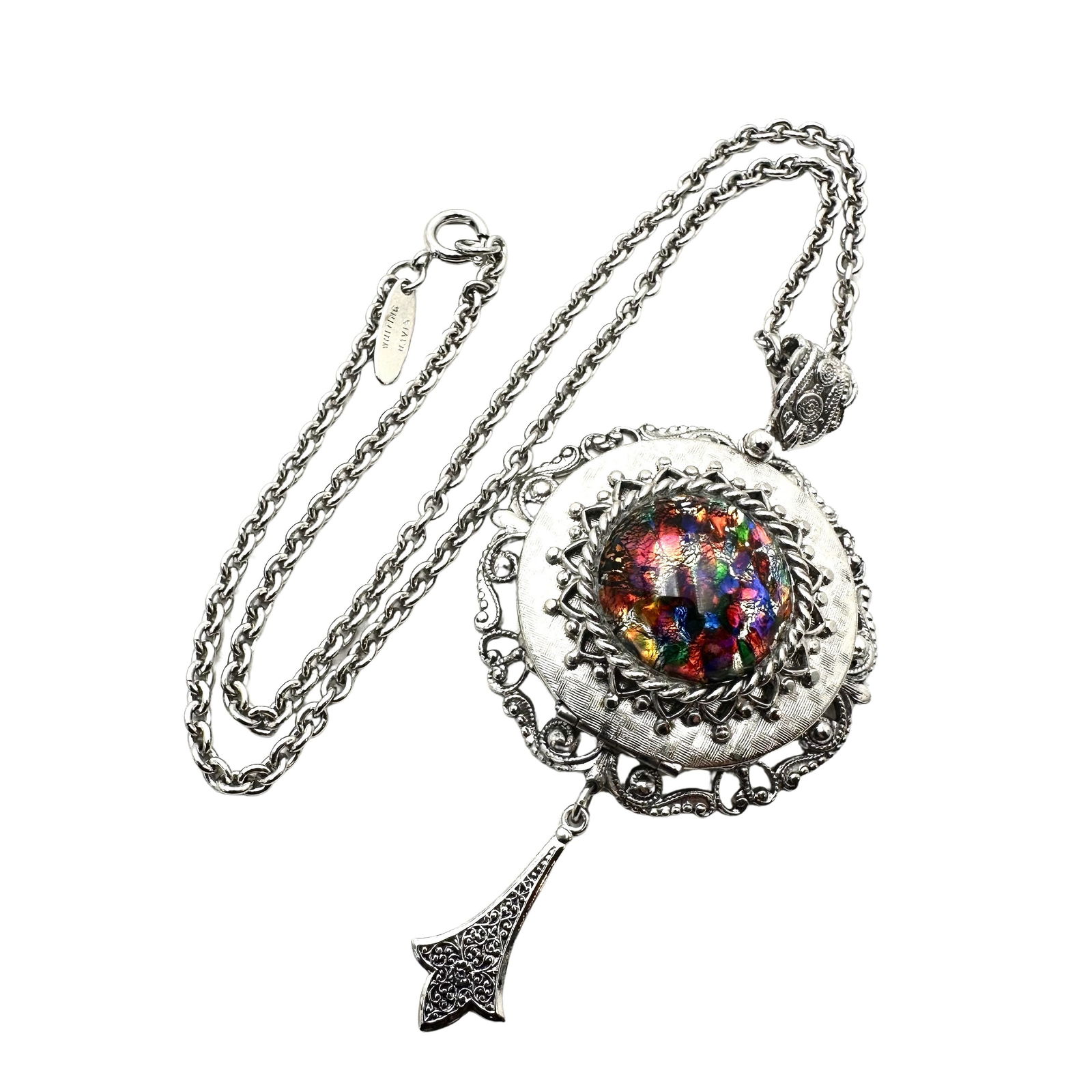 Vintage Whiting And Davis Dragons Breath Glass Silver Tone Pendant Necklace 18 Inch Chain (1 of 2)
