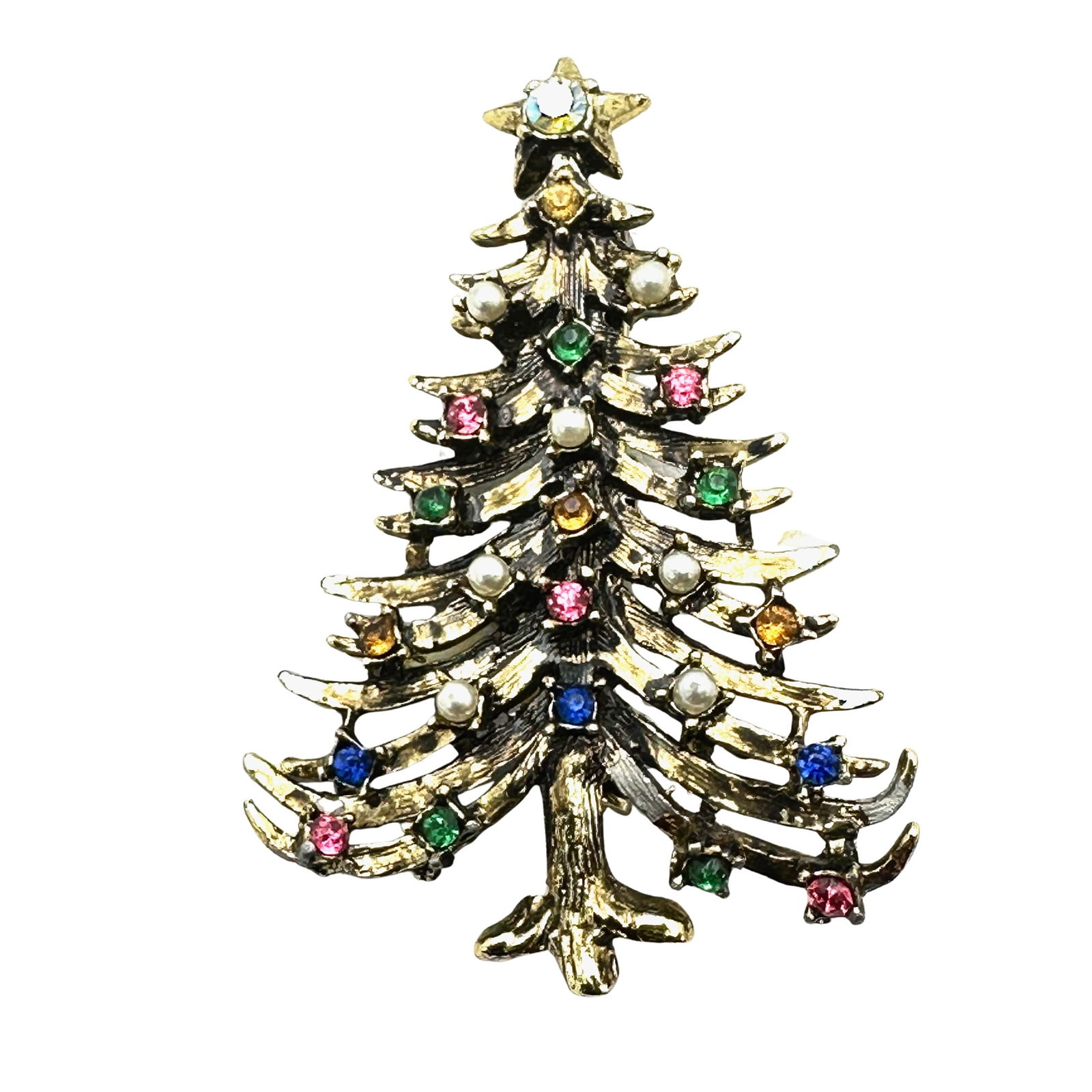 Vintage Multicolor Rhinestone Antiqued Gold Tone Christmas Tree Brooch Pin 2.25 Inch (1 of 2)
