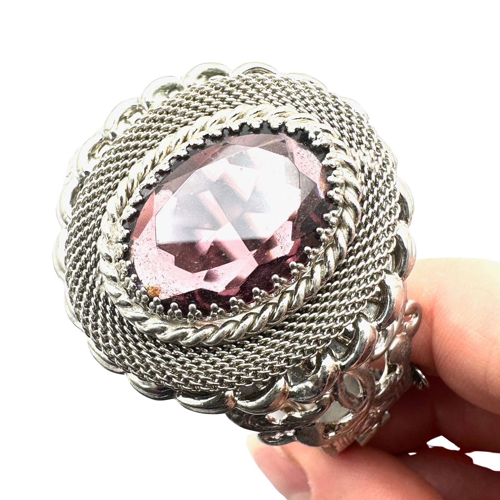 Vintage Unsigned Whiting And Davis Purple Glass Stone Silver Tone 7 Inch Hinged Bangle Bracelet (1 of 2)
