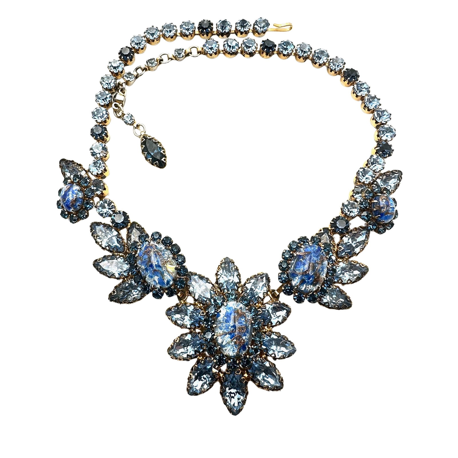 Stunning Vintage Schoffel Austria Crown Mark Blue Glass Rhinestone Gold Tone Necklace 17 Inch: Stunning Vintage Schoffel Austria Crown Mark Blue Glass Rhinestone Gold Tone Necklace 17 Inch