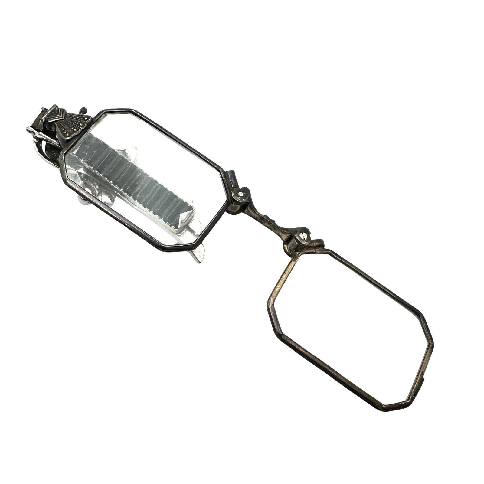 Art Deco Clear Rhinestone and Silver Folding Lorgnette Eyeglasses (1 of 2)