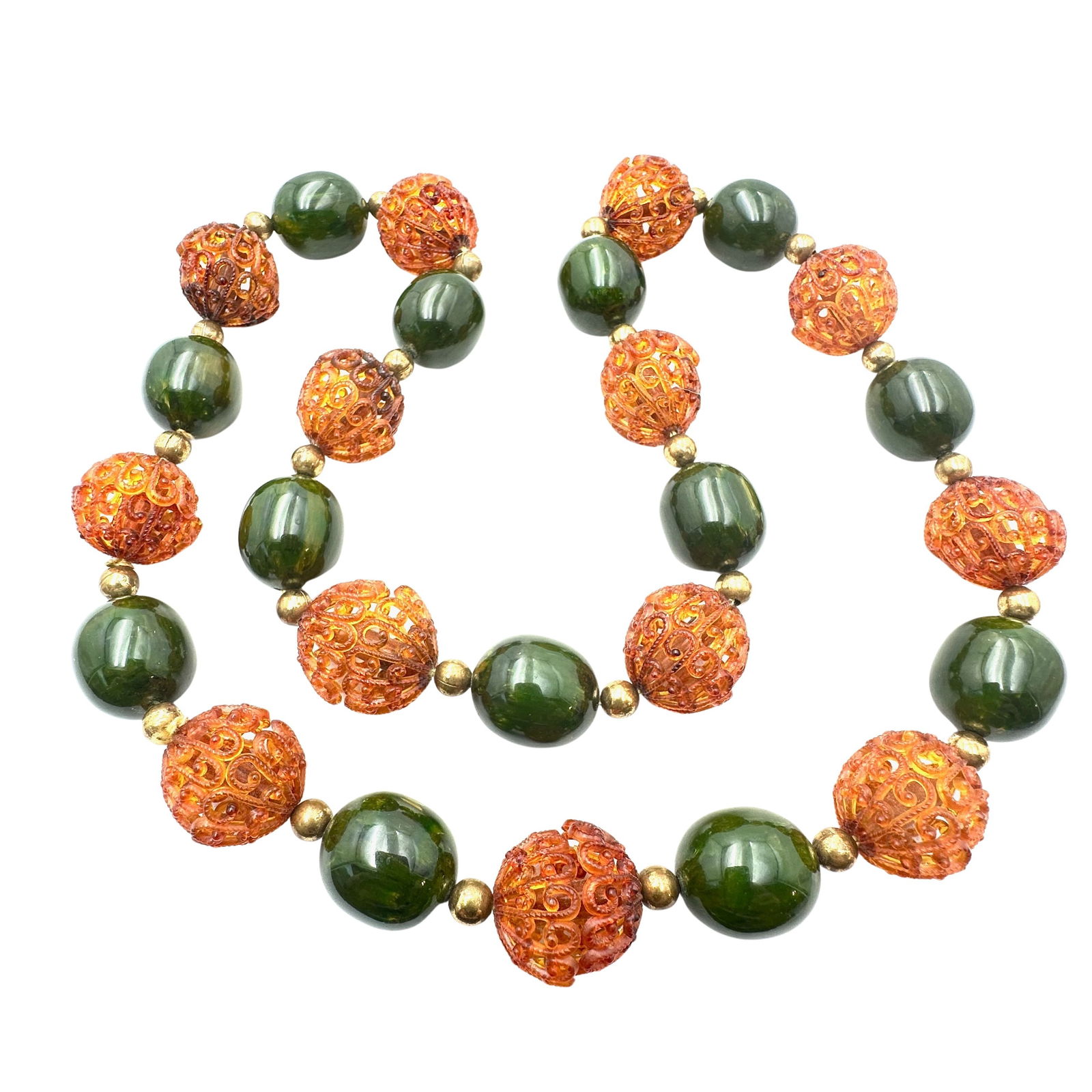 Vintage Green Bakelite And Filigree Bead Gold Tone 26 Inch Necklace: Vintage Green Bakelite And Filigree Bead Gold Tone 26 Inch Necklace