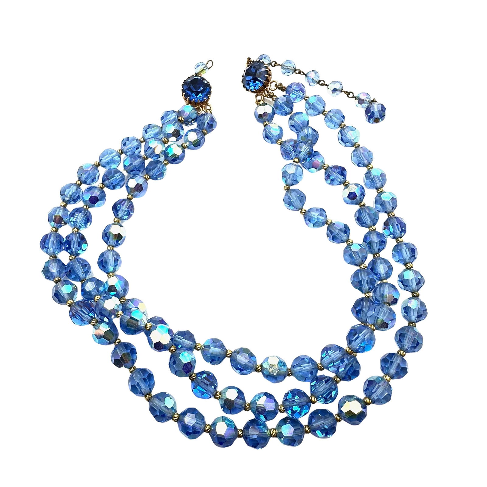 Vintage 3 Strand Blue Aurora Borealis Crystal Bead Necklace 15 Inch (1 of 2)