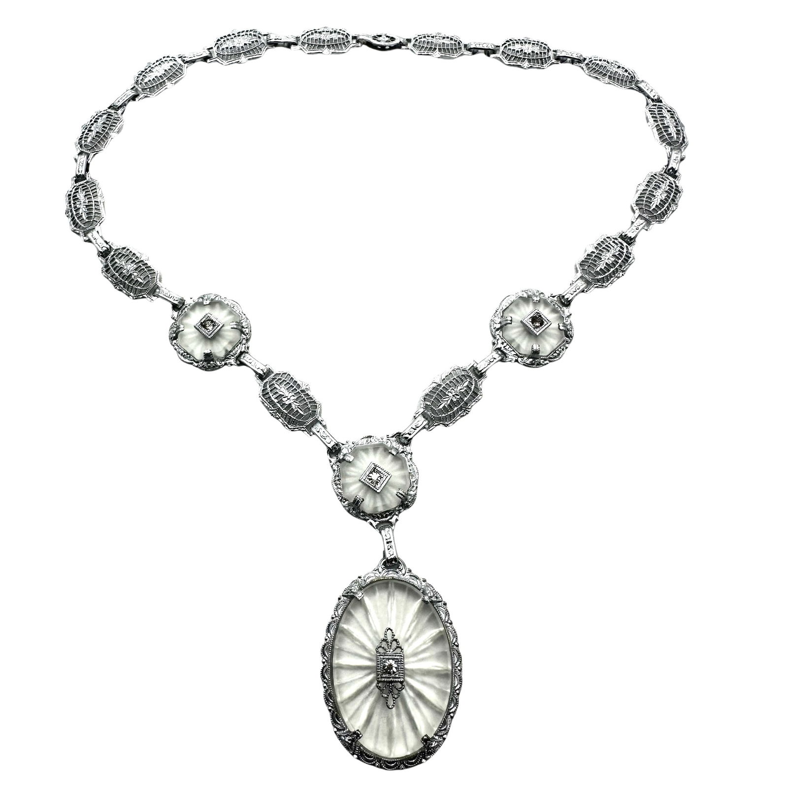 Antique Camphor Glass Silver Filigree Necklace 13 Inch (1 of 2)