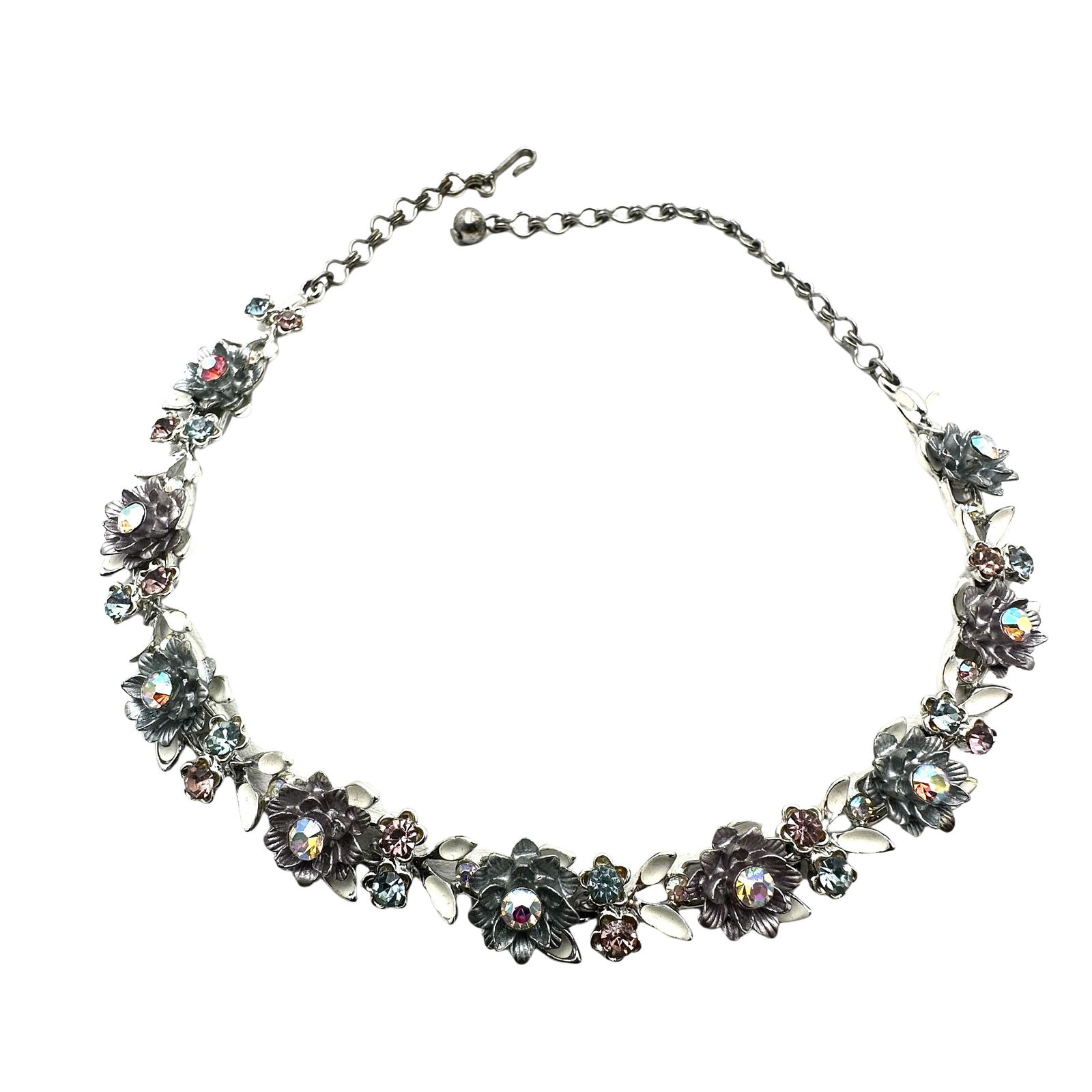 Vintage BSK Pastel Enamel Rhinestone Flower Design Silver Tone Necklace 16 Inch: Vintage BSK Pastel Enamel Rhinestone Flower Design Silver Tone Necklace 16 Inch