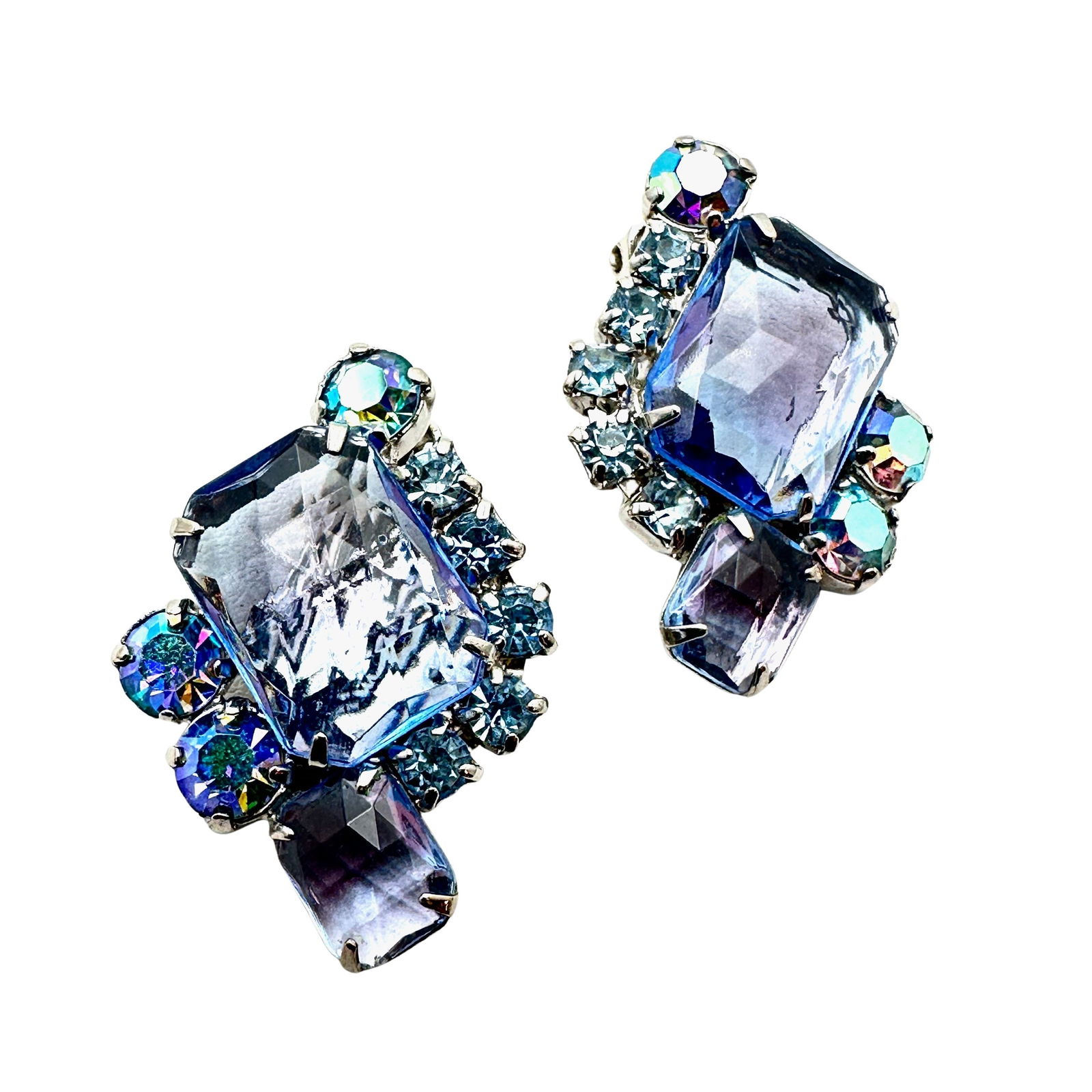 Vintage High End Blue Purple Glass Rhinestone Silver Tone Clip Earrings: Vintage High End Blue Purple Glass Rhinestone Silver Tone Clip Earrings