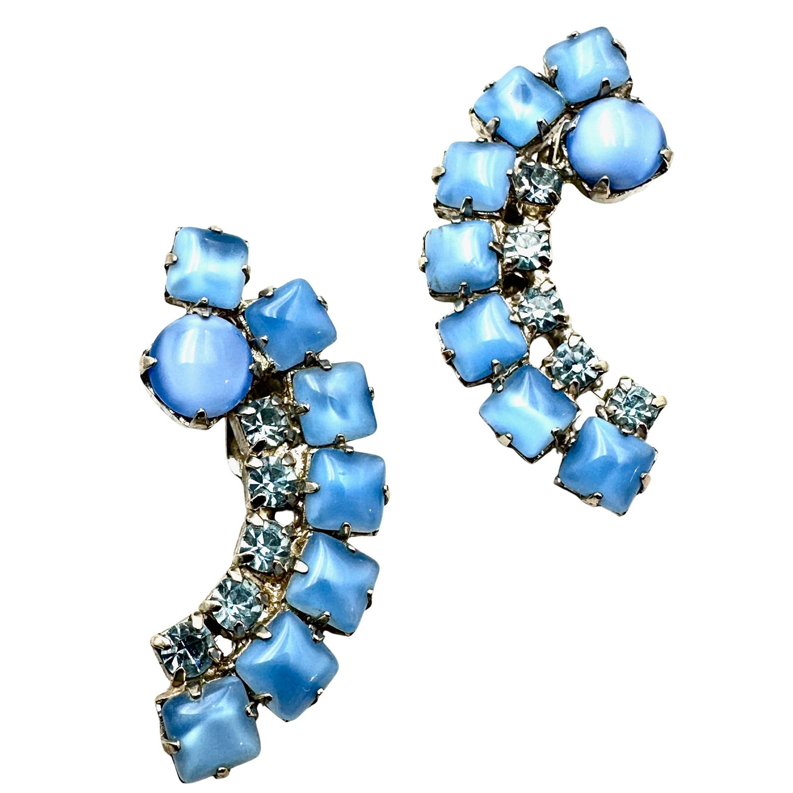 Vintage High End Blue Cats Eye Glass Rhinestone Silver Tone Clip Earrings (1 of 2)