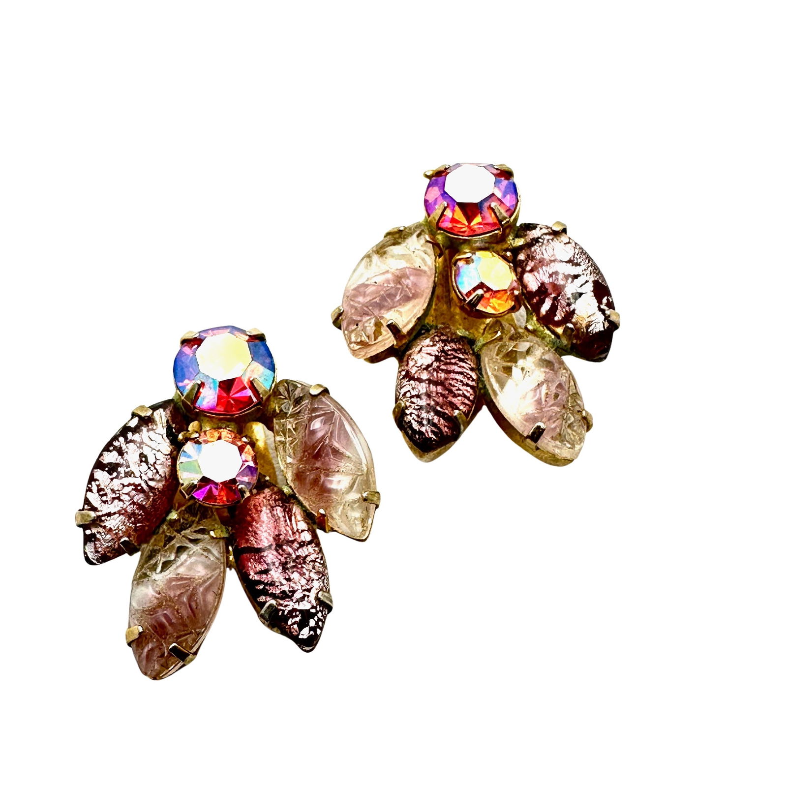 Vintage High End Pink Givre Glass Rhinestone Gold Tone Clip Earrings: Vintage High End Pink Givre Glass Rhinestone Gold Tone Clip Earrings