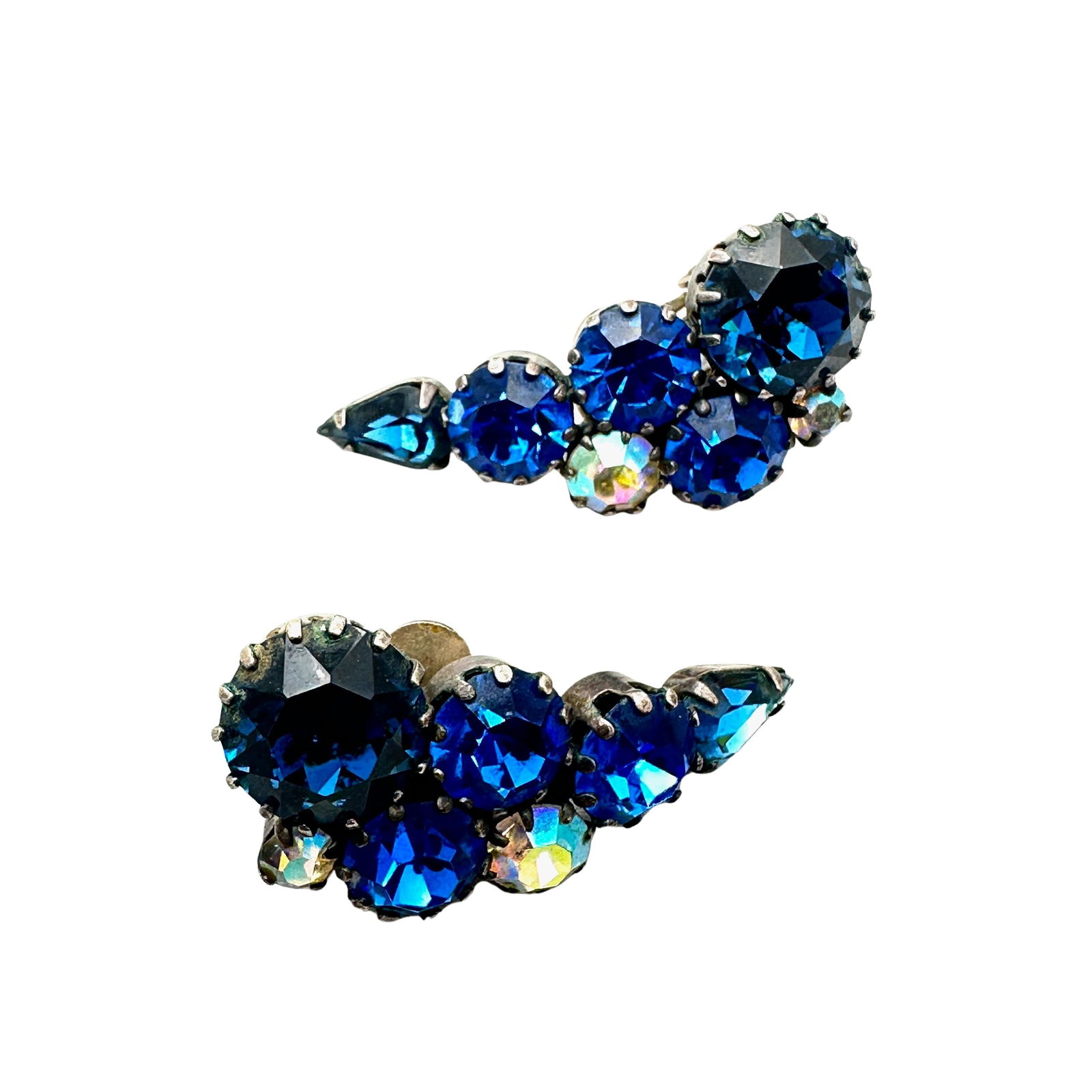 Vintage Austria Blue Glass Rhinestone Silver Tone Clip Earrings: Vintage Austria Blue Glass Rhinestone Silver Tone Clip Earrings