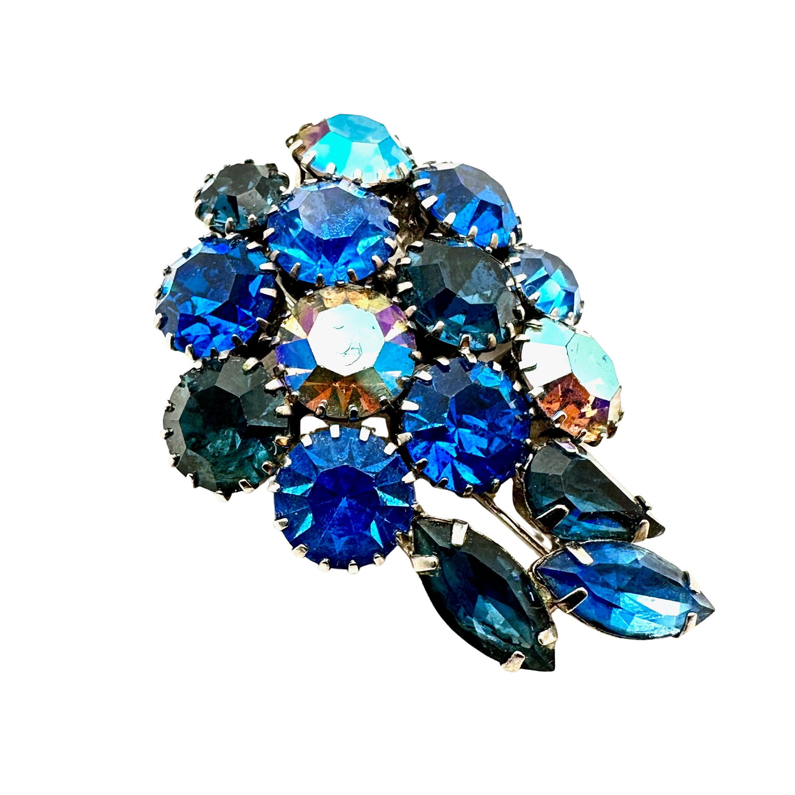 Vintage Austria Blue Glass Rhinestone Silver Tone Brooch Pin: Vintage Austria Blue Glass Rhinestone Silver Tone Brooch Pin