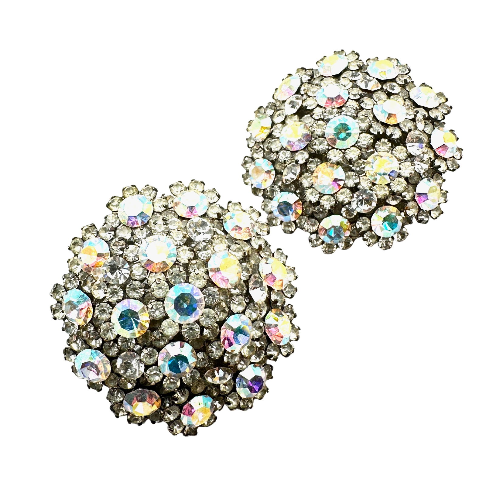 Vintage Aurora Borealis Crystal Silver Tone Clip Earrings: Vintage Aurora Borealis Crystal Silver Tone Clip Earrings