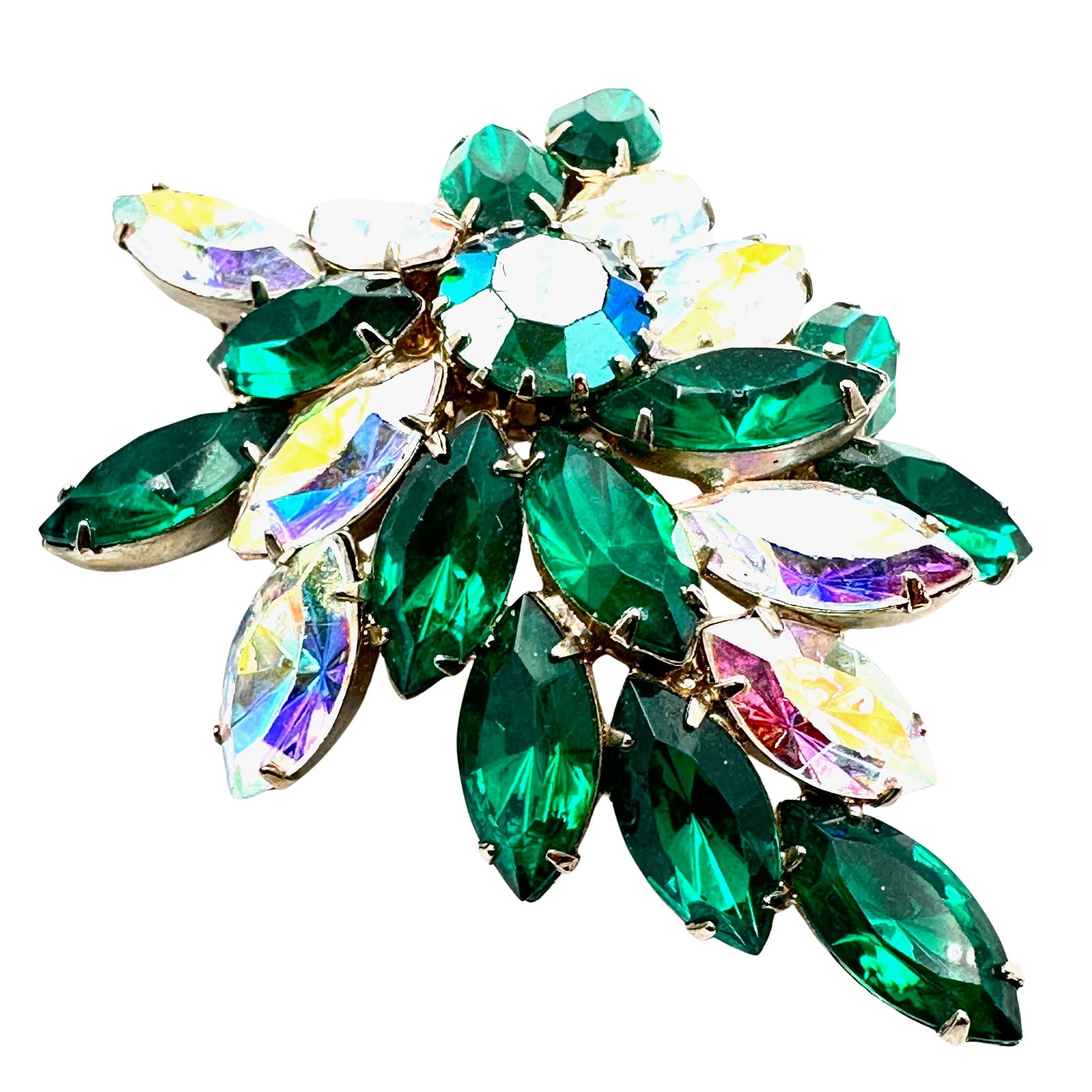 Vintage Green Aurora Borealis Glass Rhinestone Gold Tone Brooch Pin 2.5 Inch: Vintage Green Aurora Borealis Glass Rhinestone Gold Tone Brooch Pin 2.5 Inch