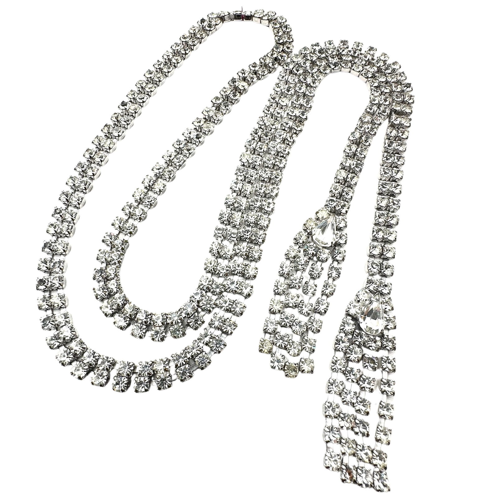 Vintage Clear Rhinestone Silver Tone Lariat Necklace 40 Inch: Vintage Clear Rhinestone Silver Tone Lariat Necklace 40 Inch