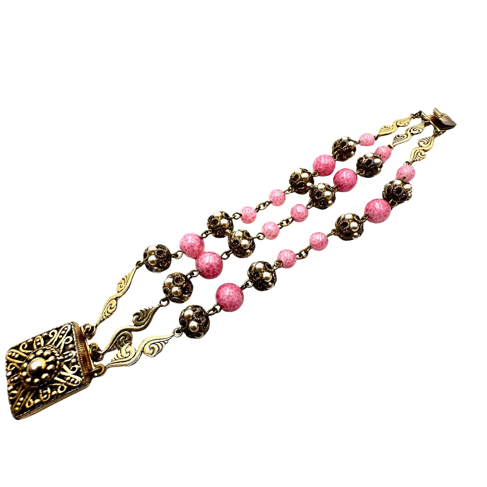 Vintage Pink Peking Glass Gold Tone Filigree Bracelet 6.5 Inch: Vintage Pink Peking Glass Gold Tone Filigree Bracelet 6.5 Inch