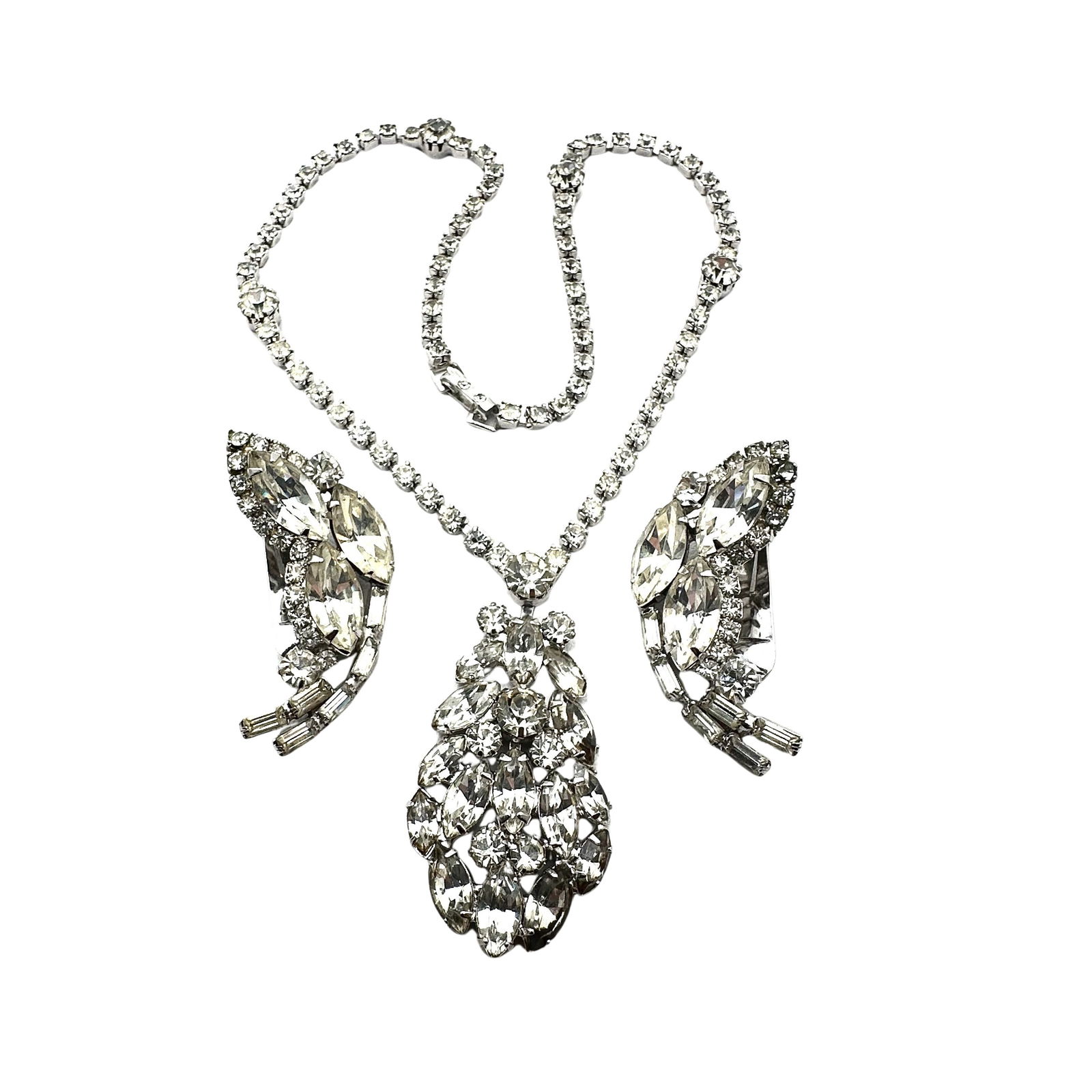 Vintage High End Clear Glass Rhinestone Silver Tone Pendant 15 Inch Necklace And Clip Earrings (1 of 2)