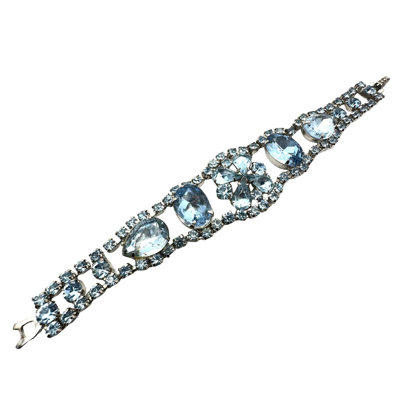 Vintage Blue Glass Rhinestone Silver Tone Bracelet 7 Inch: Vintage Blue Glass Rhinestone Silver Tone Bracelet 7 Inch